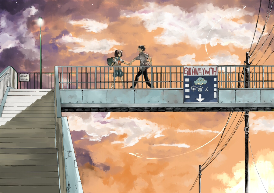 ogawa maiko, original, translated, 1boy, 1girl, bag, bridge, cloud, courage, hetero, holding hands, outdoors, pedestrian bridge, school uniform, serafuku, sky, stairs, ufo