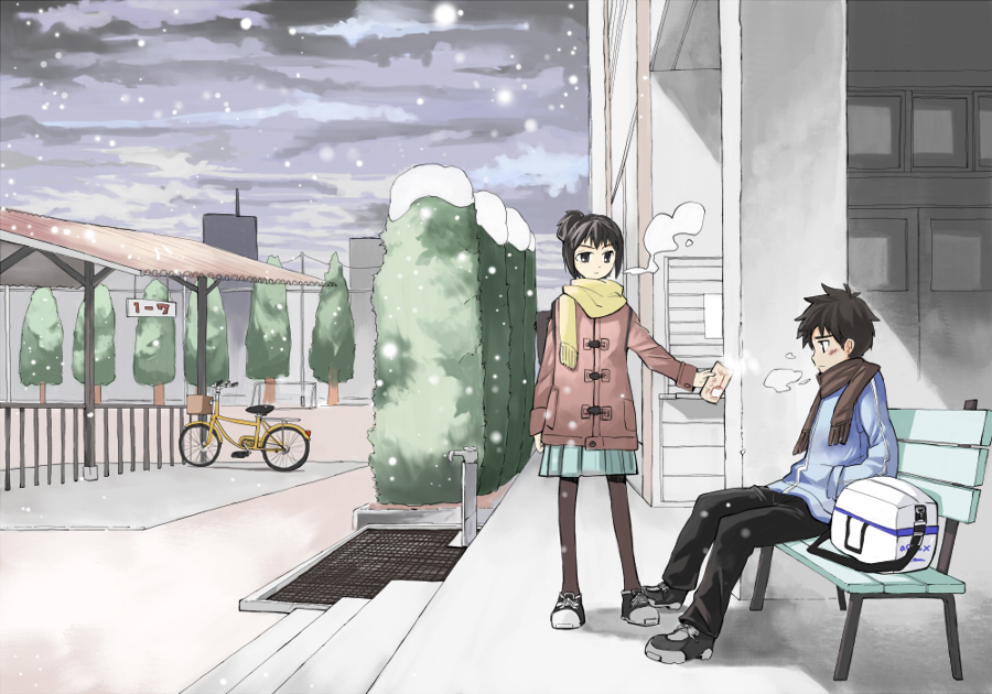 ogawa maiko, original, 1boy, 1girl, bag, bench, bicycle, coat, pantyhose, scarf, shoes, sitting, skirt, sneakers, snow