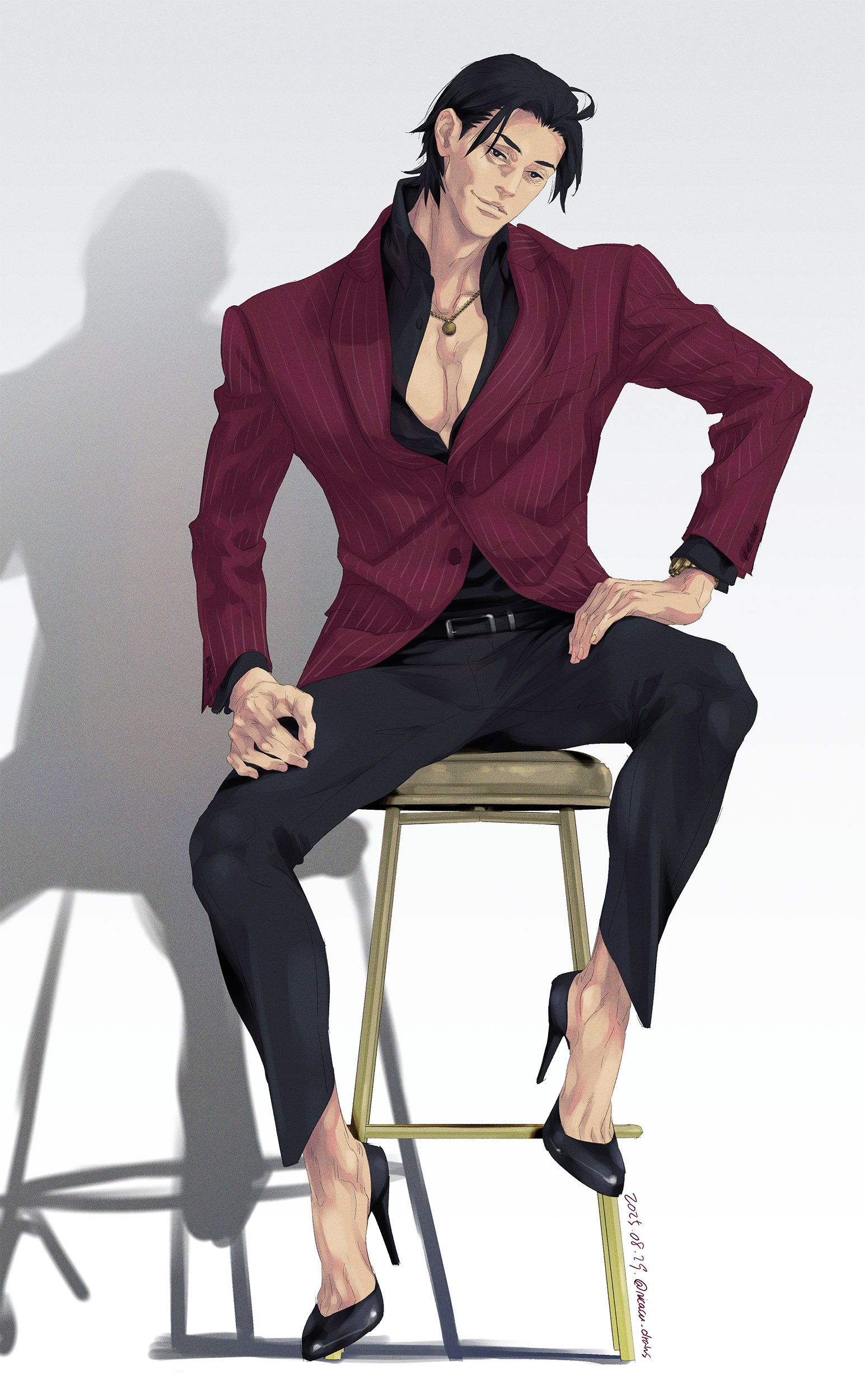 akiyama shun, ryuu ga gotoku (series), ryuu ga gotoku 4, absurdres, commentary request, highres, 1boy, alternate footwear, black hair, high chair, high heels, jacket, jewelry, male focus, necklace, nicacu, on stool, partially open shirt, pectoral cleavage, pectorals, pinstripe jacket, pinstripe pattern, red jacket, shadow, sitting, smile, solo, watch, wristwatch