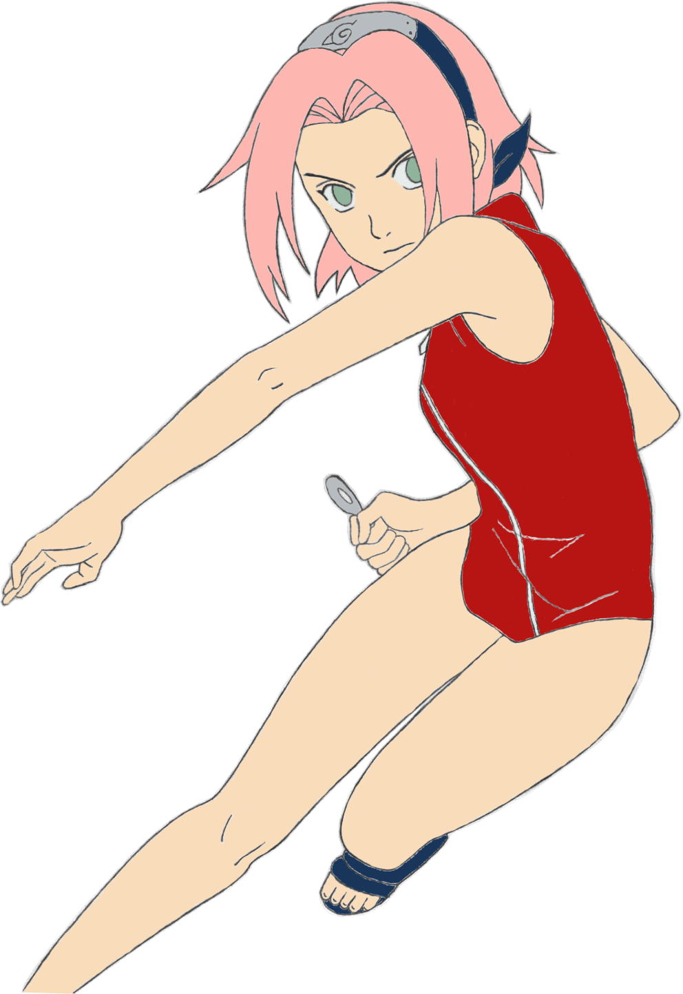 haruno sakura, naruto (classic), naruto (series), artist request, highres, 1girl, bare shoulders, blue shoes, bottomless, dress, female focus, green eyes, headband, headdress, holding, holding weapon, konohagakure symbol, kunai, legs, looking at viewer, no pants, no pupils, open-toe shoes, pink hair, red shirt, sandals, shirt, shoes, short dress, short hair, simple background, sleeveless, sleeveless shirt, solo, toes, weapon, white background, zipper