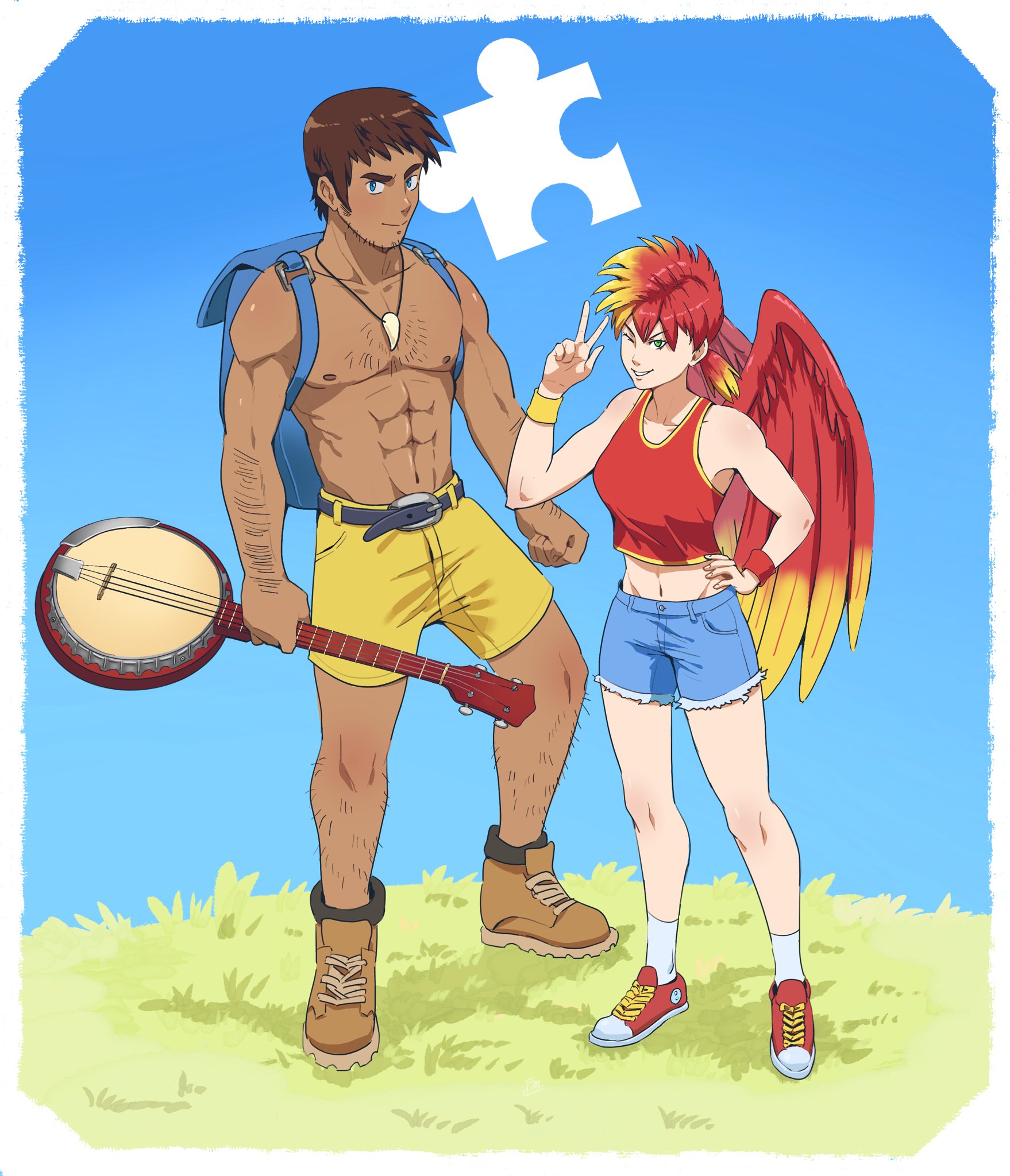 francisco mon, banjo (banjo-kazooie), kazooie (banjo-kazooie), banjo-kazooie, commentary, highres, 1boy, 1girl, abs, arm hair, backpack, bag, banjo, belt, black belt, blonde hair, blue bag, blue eyes, blue shorts, border, breasts, brown hair, chest hair, closed mouth, collarbone, denim, denim shorts, eyelashes, facial hair, feathered wings, fingernails, full body, grass, green eyes, hand on own hip, holding, holding instrument, humanization, instrument, jewelry, leg hair, midriff, multicolored hair, navel, necklace, nipples, one eye closed, ponytail, puzzle piece, red hair, red shoes, red tank top, shoes, short hair, short ponytail, shorts, smile, socks, standing, tank top, toned, toned male, tooth necklace, topless male, two-tone hair, w, white border, white socks, wings, yellow shorts