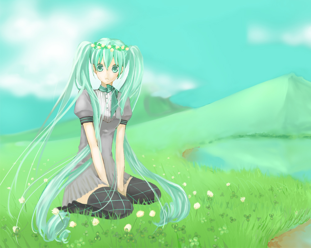 coma (fginiy), lack, hatsune miku, vocaloid, bad id, bad pixiv id, 1girl, female focus, field, grass, green eyes, green hair, long hair, matching hair/eyes, mountain, solo, thighhighs, twintails