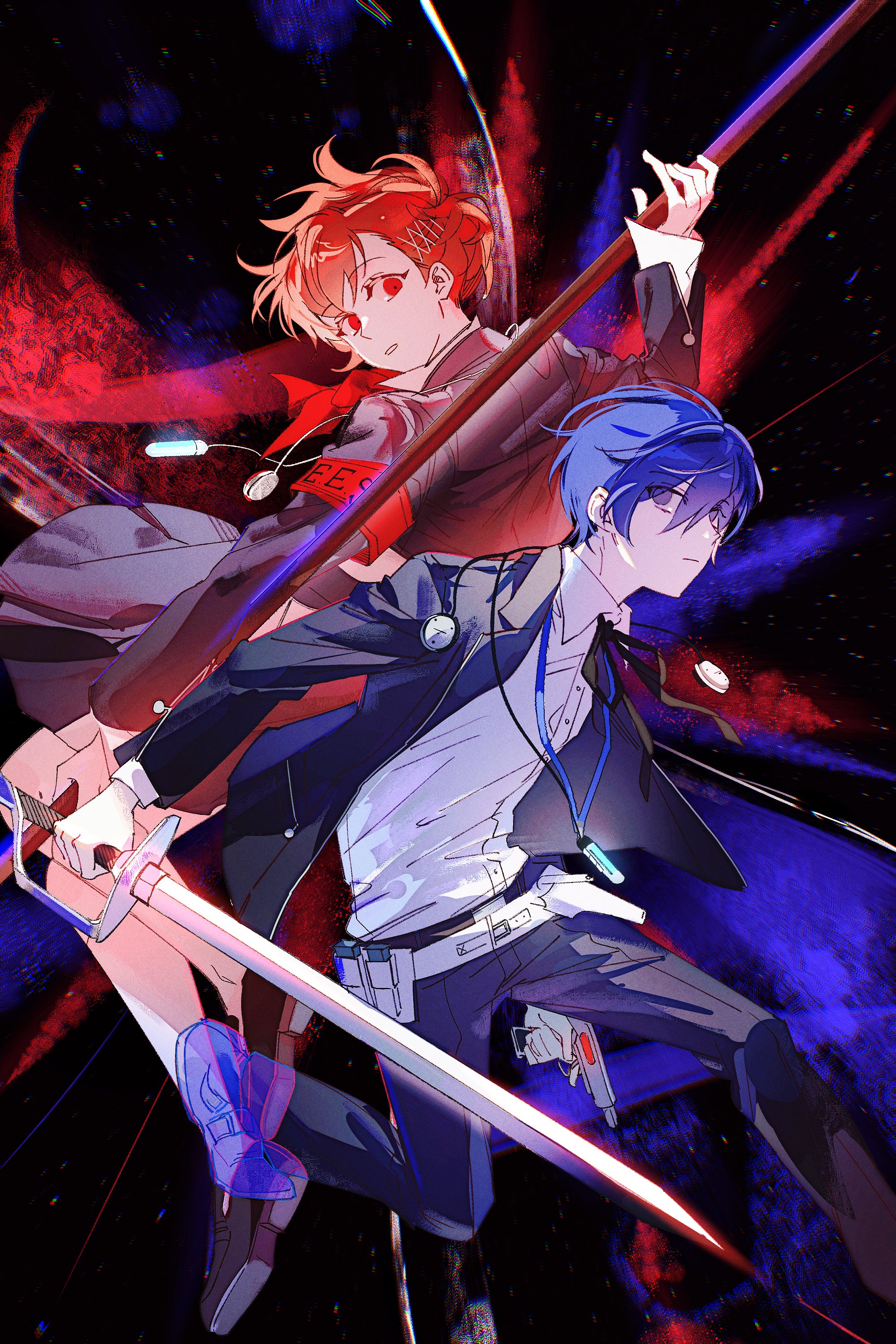 shiomi kotone, yuuki makoto (persona 3), persona, persona 3, persona 3 portable, absurdres, highres, 1boy, 1girl, armband, back-to-back, black background, black jacket, black pants, black ribbon, black shoes, black skirt, blue eyes, blue hair, bow, bowtie, clar sona, closed mouth, digital walkman, dress shirt, earphones removed, evoker, gekkoukan high school uniform, gun, hair between eyes, hair ornament, hairclip, holding, holding behind back, holding gun, holding sword, holding weapon, holding weapon behind back, holster, jacket, long sleeves, looking at another, mp3 player, pants, parted lips, red armband, red bow, red bowtie, red eyes, red hair, ribbon, s.e.e.s, school uniform, shirt, shoes, short hair, skirt, sword, walkman nw-s203f, weapon, white shirt