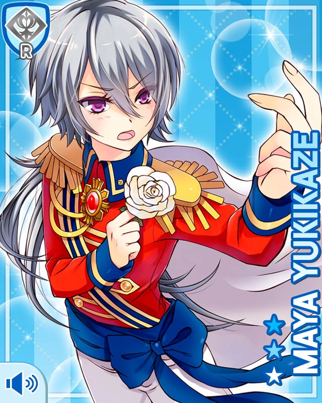 qp:flapper, yukikaze maya, girlfriend (kari), official art, 1girl, :d, blue background, card (medium), character name, epaulettes, grey hair, jacket, multicolored jacket, open mouth, pants, purple eyes, red jacket, sash, shirt, shoulder sash, skirt, smile, solo, standing, white pants