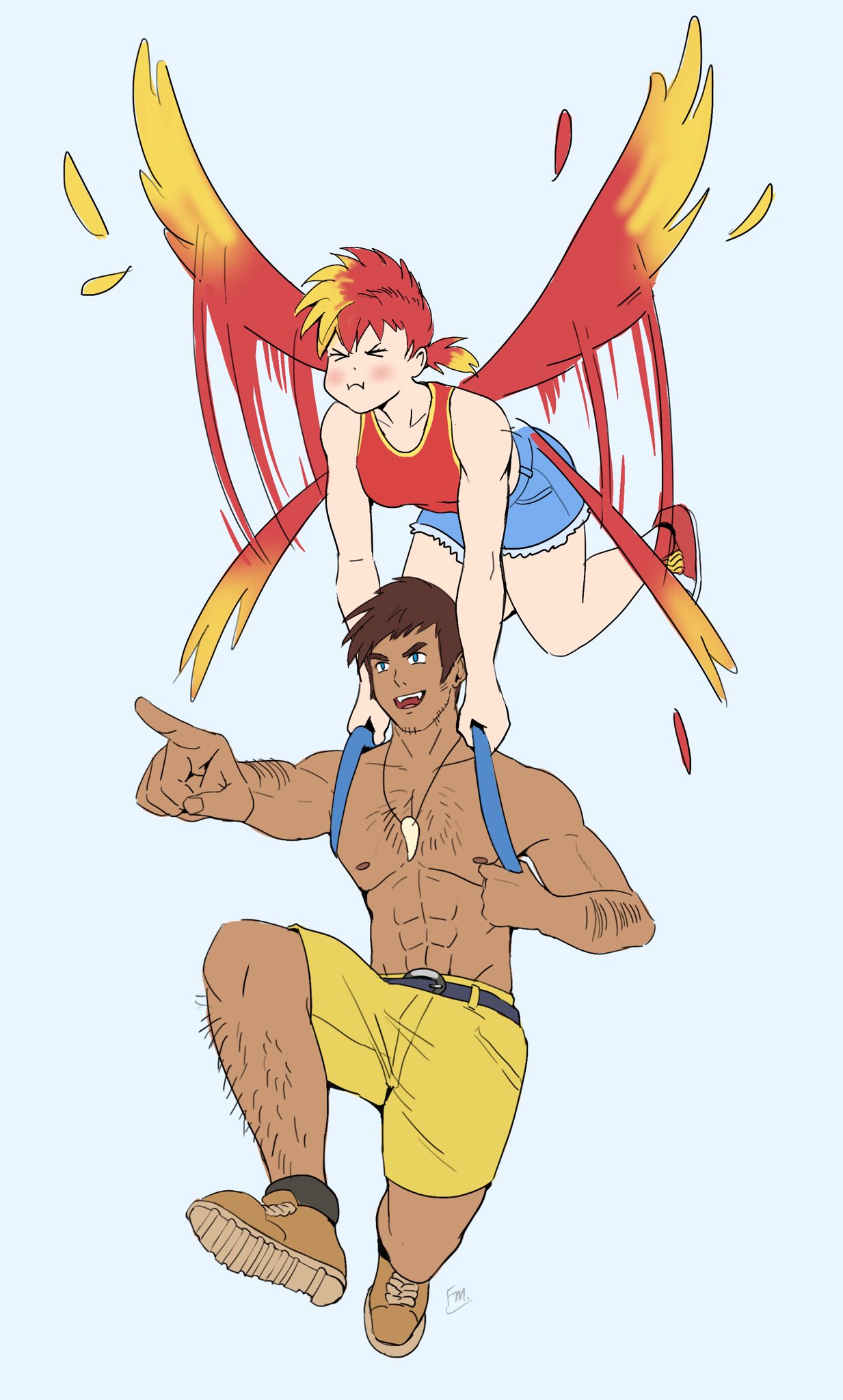 francisco mon, banjo (banjo-kazooie), kazooie (banjo-kazooie), banjo-kazooie, commentary, highres, > <, 1boy, 1girl, abs, arm hair, belt, black belt, black hair, blue eyes, blue shorts, blush, breasts, brown hair, brown shoes, chest hair, closed eyes, closed mouth, collarbone, dark-skinned male, dark skin, feathered wings, feathers, fingernails, flying, full body, green background, holding strap, humanization, jewelry, leg hair, motion blur, multicolored hair, necklace, nipples, open mouth, pointing, ponytail, red hair, red shoes, red tank top, shoes, short hair, short ponytail, shorts, simple background, smile, tank top, teeth, toned, toned male, tooth necklace, topless male, two-tone hair, upper teeth only, wings, yellow shorts