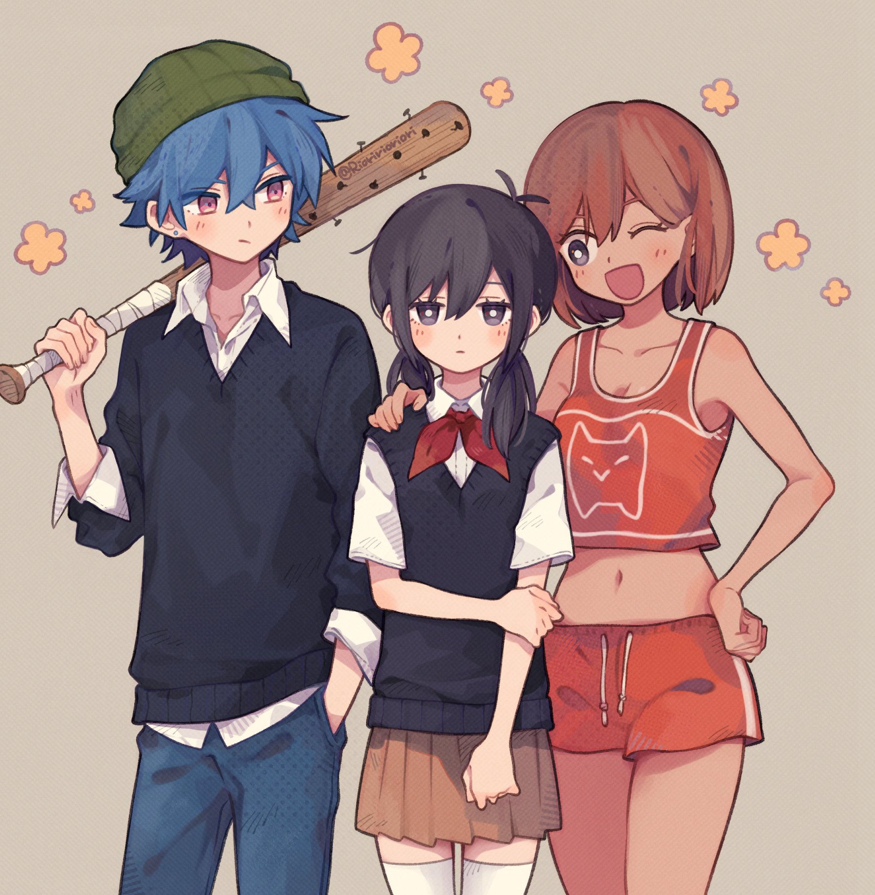 aubrey (faraway) (omori), aubrey (omori), kel (faraway) (omori), kel (omori), sunny (omori), omori, commentary, highres, symbol-only commentary, 1boy, 2girls, antenna hair, artist name, baseball bat, black eyes, black hair, black sweater, black sweater vest, blue hair, blue pants, blush, breasts, bright pupils, brown hair, brown skirt, cleavage, closed mouth, collarbone, collared shirt, crop top, dark-skinned female, dark skin, denim, double-parted bangs, ear piercing, genderswap, genderswap (ftm), genderswap (mtf), green hat, grey background, hair between eyes, hand in pocket, hand on own hip, hat, holding, holding baseball bat, jeans, long sleeves, looking at another, looking at viewer, low twintails, medium breasts, multiple girls, nail (hardware), nail bat, navel, neckerchief, one eye closed, open mouth, orange shorts, pants, piercing, pink eyes, pleated skirt, red neckerchief, rioririoriori, shirt, shirt under sweater, short hair, short twintails, shorts, simple background, skirt, skullcap, smile, sweater, sweater vest, thighhighs, twintails, twitter username, white pupils, white shirt, white thighhighs