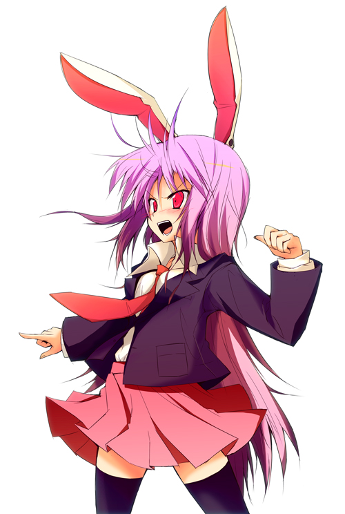 huei nazuki, kazeei naduki, reisen udongein inaba, touhou, 1girl, animal ears, blazer, female focus, jacket, long hair, rabbit ears, simple background, skirt, solo, thighhighs, very long hair, white background, zettai ryouiki