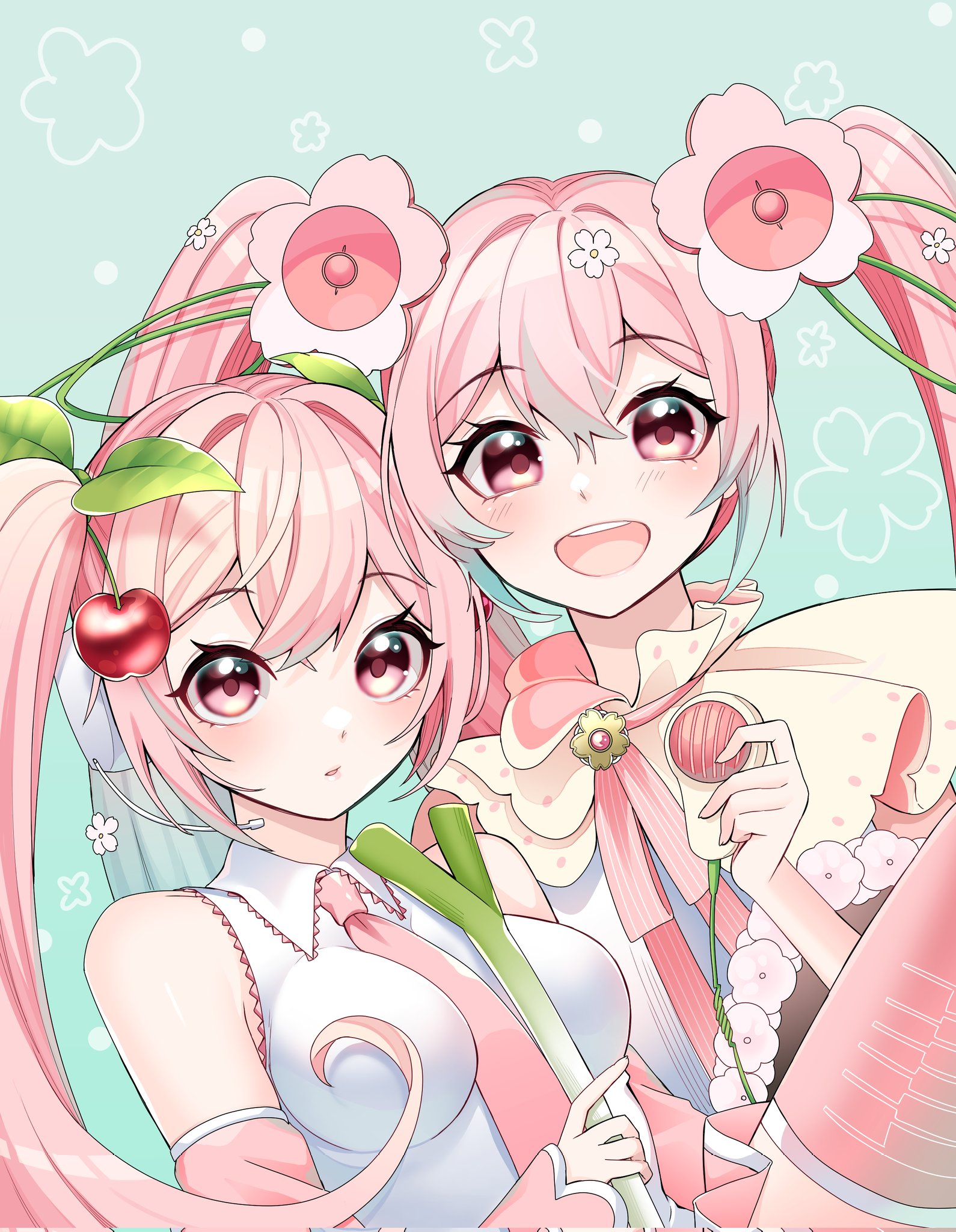 masumofu, hatsune miku, magical mirai miku, magical mirai miku (2021), sakura miku, vocaloid, commentary, highres, symbol-only commentary, 2girls, aqua hair, bare shoulders, blush, breasts, cherry hair ornament, collared shirt, dated, dress, dual persona, flower, flower in eye, food-themed hair ornament, gradient hair, hair between eyes, hair flower, hair ornament, headphones, headset, holding, holding microphone, long hair, long sleeves, looking at viewer, medium breasts, microphone, multicolored hair, multiple girls, necktie, official alternate costume, official alternate hairstyle, open mouth, pink dress, pink eyes, pink flower, pink hair, pink necktie, pink ribbon, ribbon, shirt, sleeveless, sleeveless shirt, smile, solo, spring onion, symbol in eye, twintails, upper body, very long hair, white trim, wide sleeves