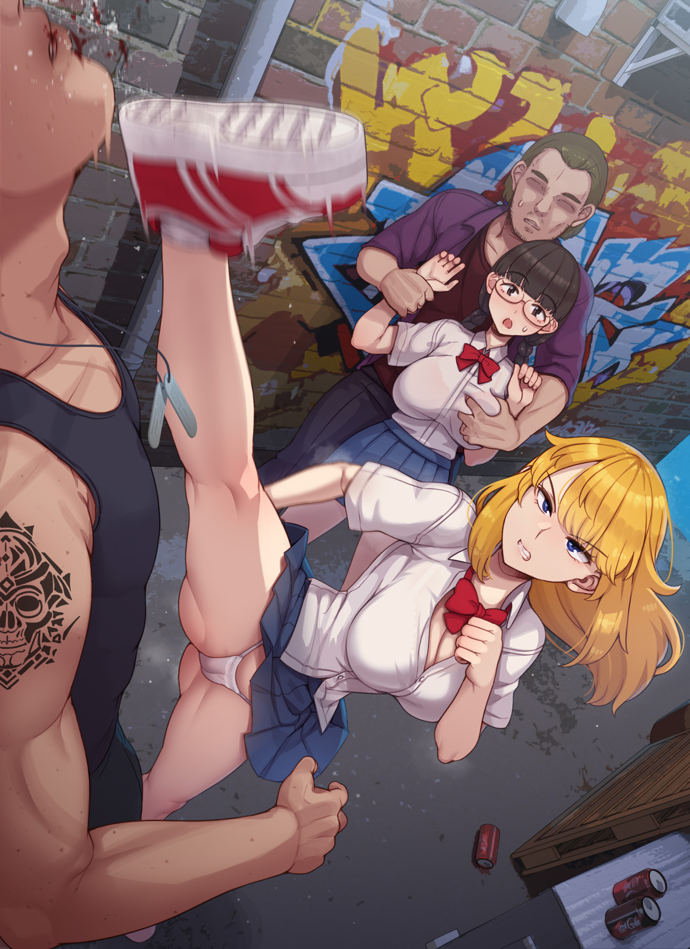 abubu, original, commentary request, highres, 2boys, 2girls, alley, black hair, black tank top, blonde hair, blood, blue eyes, blue skirt, blunt bangs, bow, bowtie, braid, breasts, brick wall, brown hair, cameltoe, can, cargo pallet, clenched teeth, dog tail, drink can, faceless, faceless male, glasses, graffiti, groping, high kick, impossible clothes, kicking, large breasts, motion blur, multiple boys, multiple girls, outdoors, panties, pantyshot, parted lips, pleated skirt, red bow, red bowtie, restrained, saliva, school uniform, shirt, short sleeves, skirt, soda can, split, standing, standing on one leg, standing split, tail, tank top, tattoo, teeth, thighs, twin braids, underwear, white panties, white shirt
