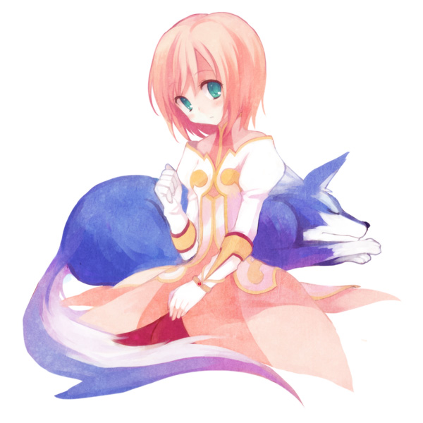 koto (colorcube), estellise sidos heurassein, repede (tales), tales of (series), tales of vesperia, bad id, bad pixiv id, 00s, 1girl, gloves, green eyes, looking at viewer, pink hair, short hair, simple background, sitting, white gloves