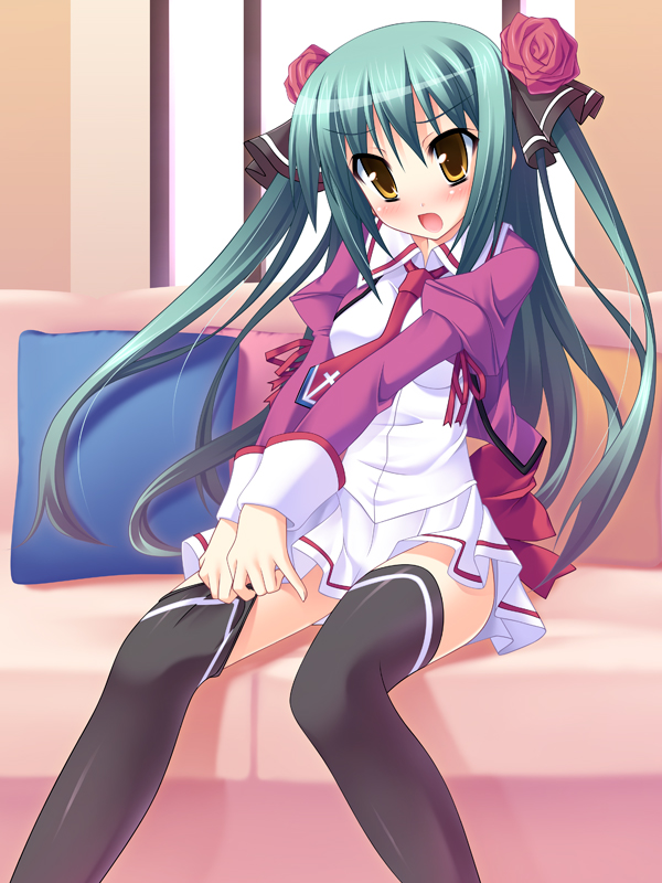 nukunuku, adjusting clothes, adjusting legwear, blush, brown eyes, dressing, green hair, hair ribbon, necktie, ribbon, school uniform, sitting, sock pull, solo, thighhighs