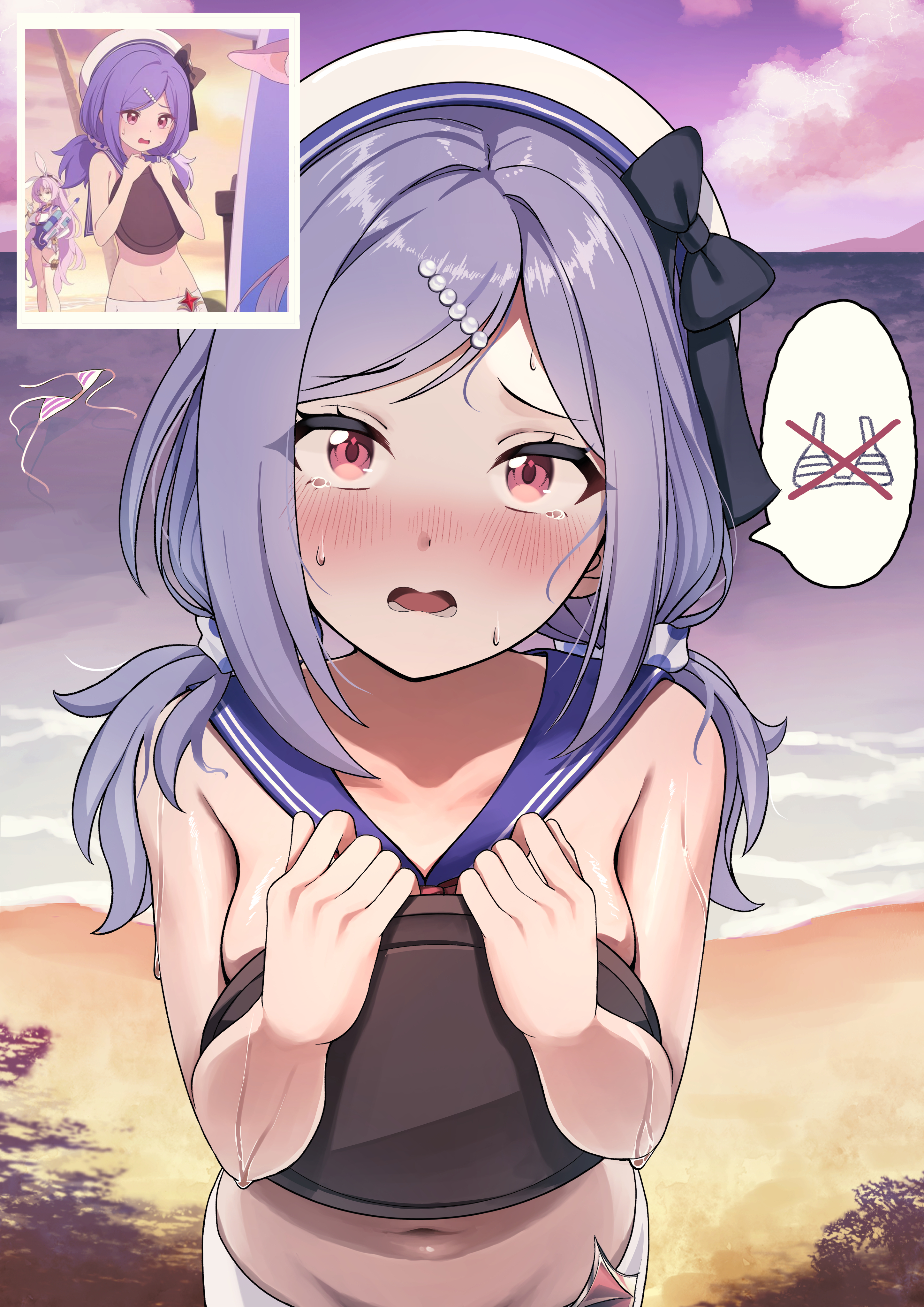 iris (stella sora), stella sora, absurdres, commentary, highres, beach, bikini, bikini skirt, blue bow, bow, covering breasts, covering privates, dutch angle, evening, from above, game screenshot inset, hair ornament, hairclip, hat, hat bow, head tilt, holding, holding tray, looking at viewer, low twintails, medium hair, navel, neckerchief, neckerchief between breasts, ocean, open mouth, peanut mouth, red eyes, red neckerchief, sailor collar, sailor hat, sand, screenshot inset, speech bubble, spoken symbol, swimsuit, tearing up, topless female, tray, twintails, unworn bikini top, upper body, ureizu, water, wet, white bikini, white hat