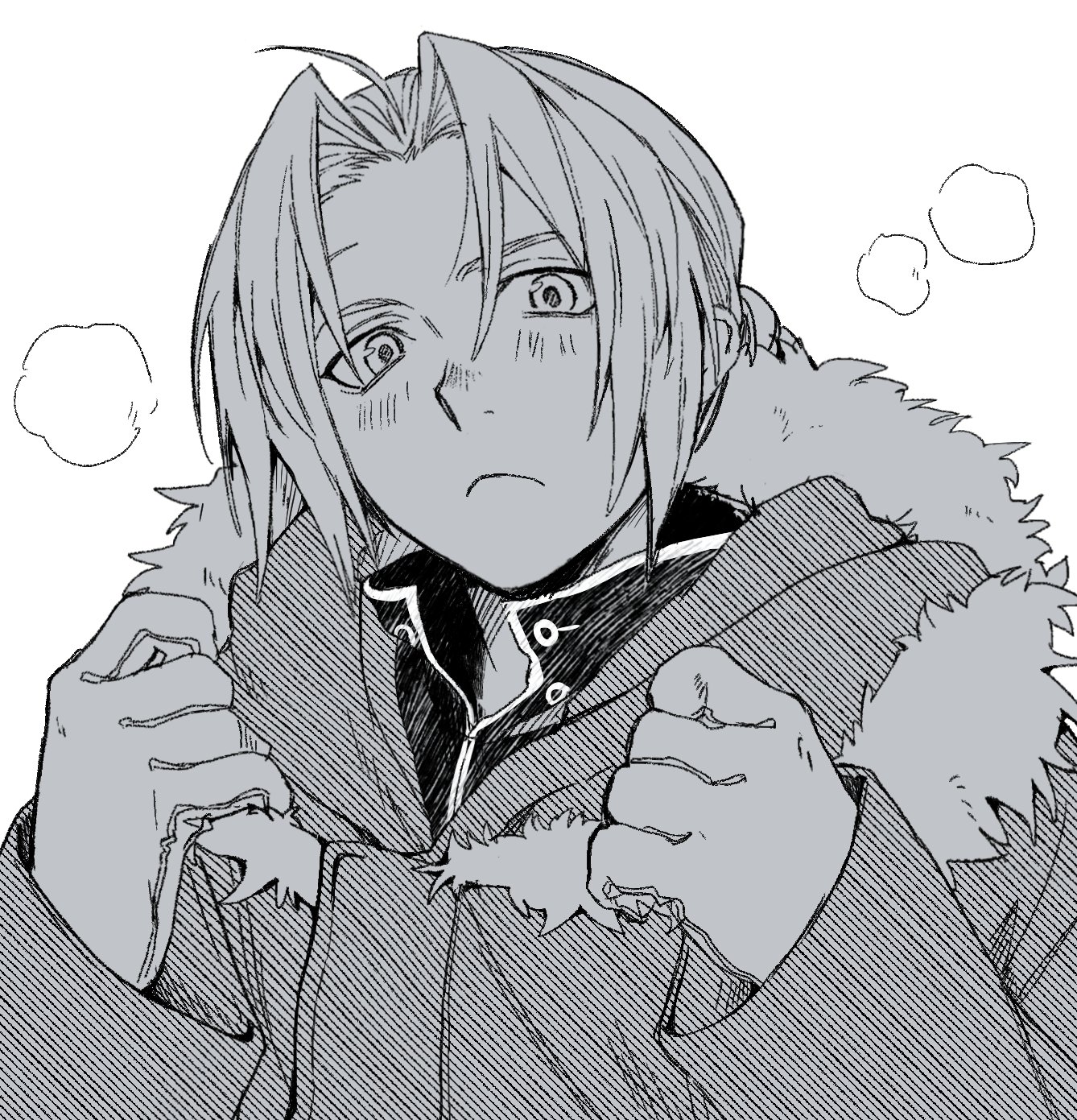 edward elric, fullmetal alchemist, commentary request, highres, 1boy, adjusting clothes, ahoge, black jacket, blush, closed mouth, coat, fur-trimmed coat, fur trim, gloves, jacket, kgtjayo, light frown, looking at viewer, male focus, parted bangs, scar, scar on face, scar on forehead, solo, thighhighs, upper body, white background, white gloves, white thighhighs, winter clothes