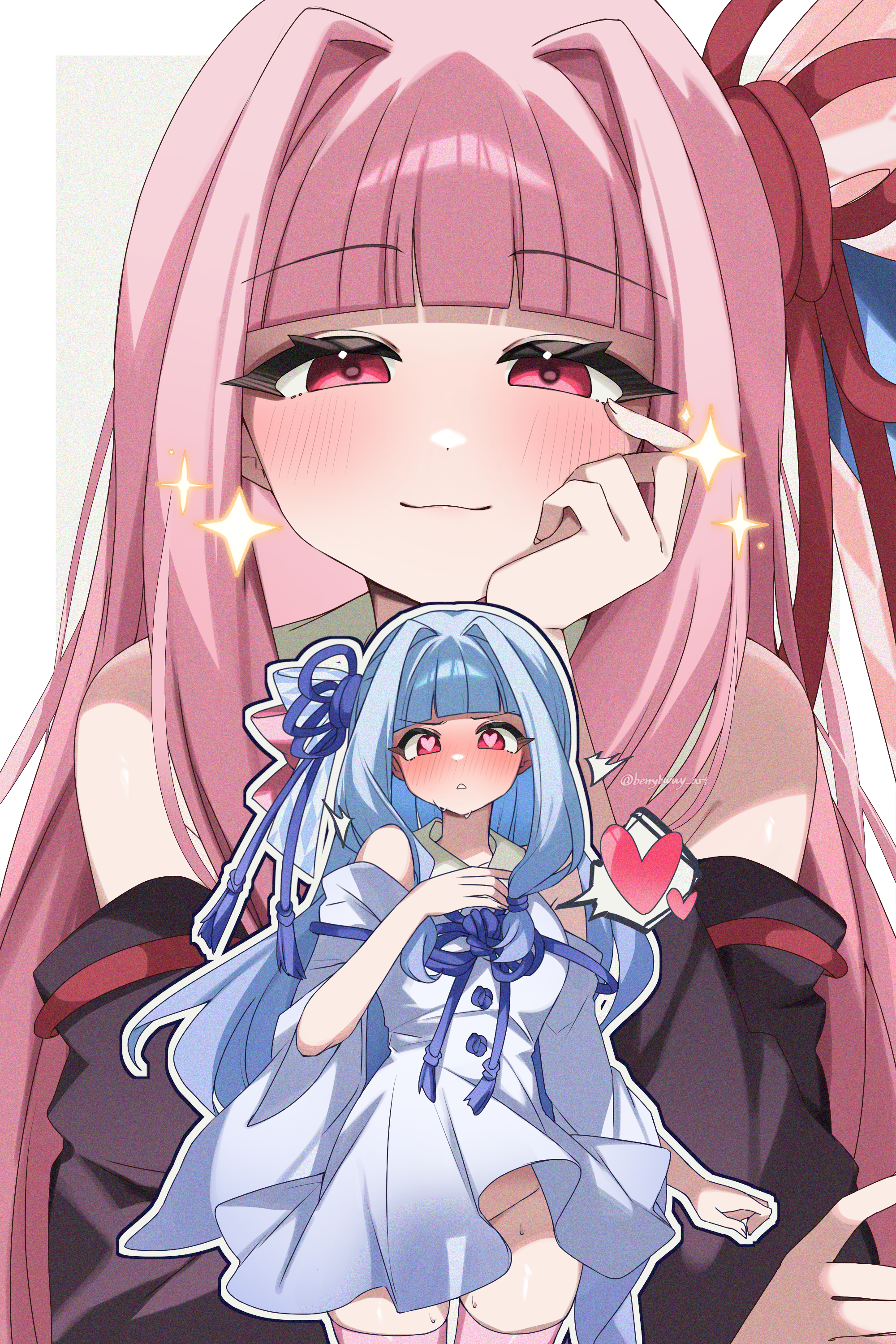 kyusai kuma, kotonoha akane, kotonoha aoi, voiceroid, absurdres, commentary request, highres, 2girls, :3, artist name, bare shoulders, black ribbon, blue hair, blunt bangs, blush, cowboy shot, detached sleeves, dress, flower knot, groin, hair ribbon, hand on own cheek, hand on own chest, hand on own face, heart, heart-shaped pupils, long hair, long sleeves, looking at viewer, multiple girls, no panties, nose blush, parted lips, pink hair, pink thighhighs, red eyes, red ribbon, ribbon, siblings, simple background, sisters, sparkle, symbol-shaped pupils, thighhighs, twitter username, upper body, very long hair, white background, white dress, wide sleeves, yuri