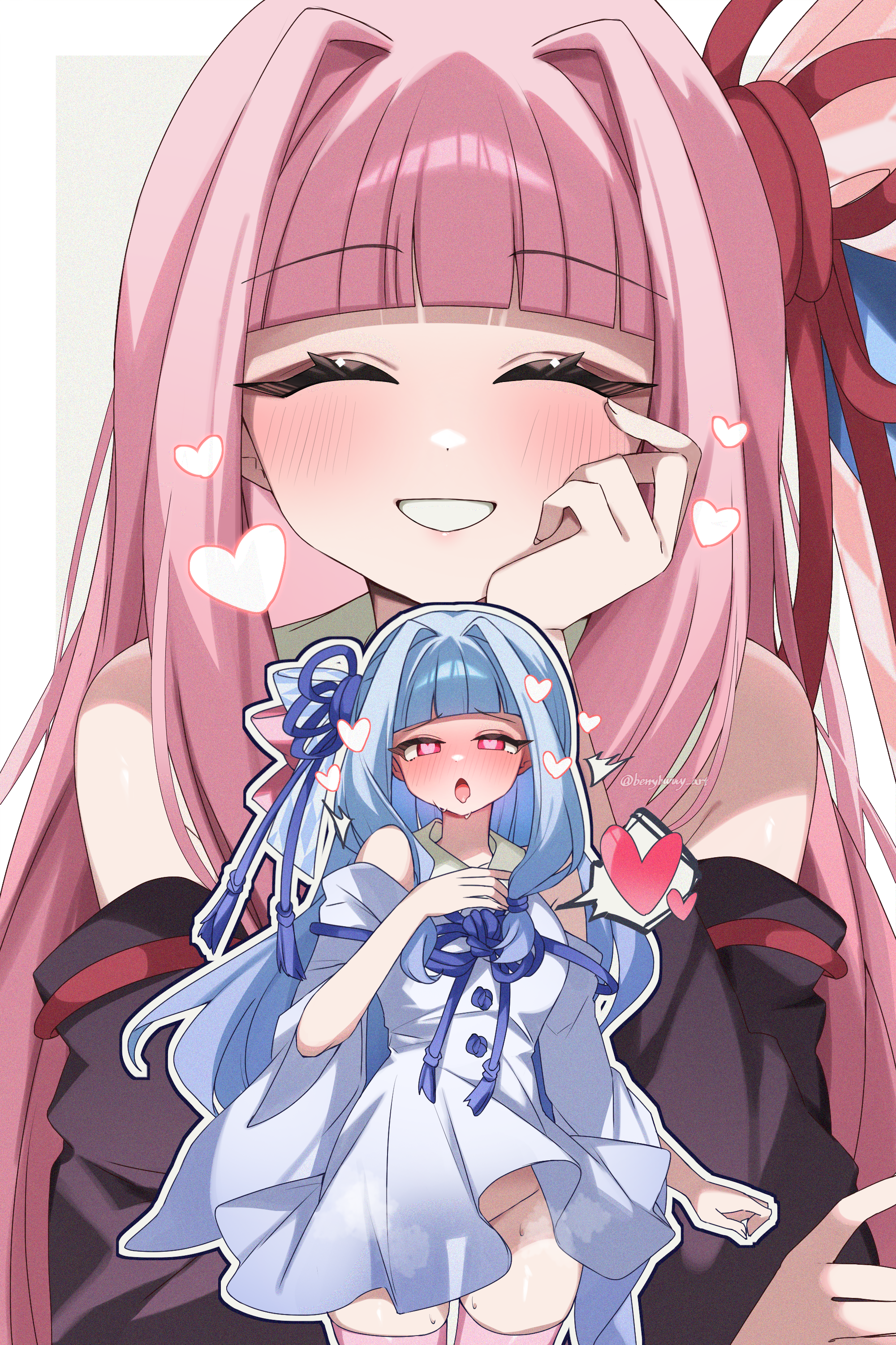 kyusai kuma, kotonoha akane, kotonoha aoi, voiceroid, absurdres, commentary request, highres, 2girls, :d, artist name, bare shoulders, black ribbon, blue hair, blunt bangs, blush, closed eyes, cowboy shot, detached sleeves, dress, facing viewer, flower knot, grin, groin, hair ribbon, half-closed eyes, hand on own cheek, hand on own chest, hand on own face, heart, heart-shaped pupils, long hair, long sleeves, looking at viewer, multiple girls, no panties, nose blush, open mouth, parted lips, pink hair, pink thighhighs, red eyes, red ribbon, ribbon, siblings, simple background, sisters, smile, sparkle, symbol-shaped pupils, thighhighs, tongue, tongue out, twitter username, upper body, very long hair, white background, white dress, wide sleeves, yuri