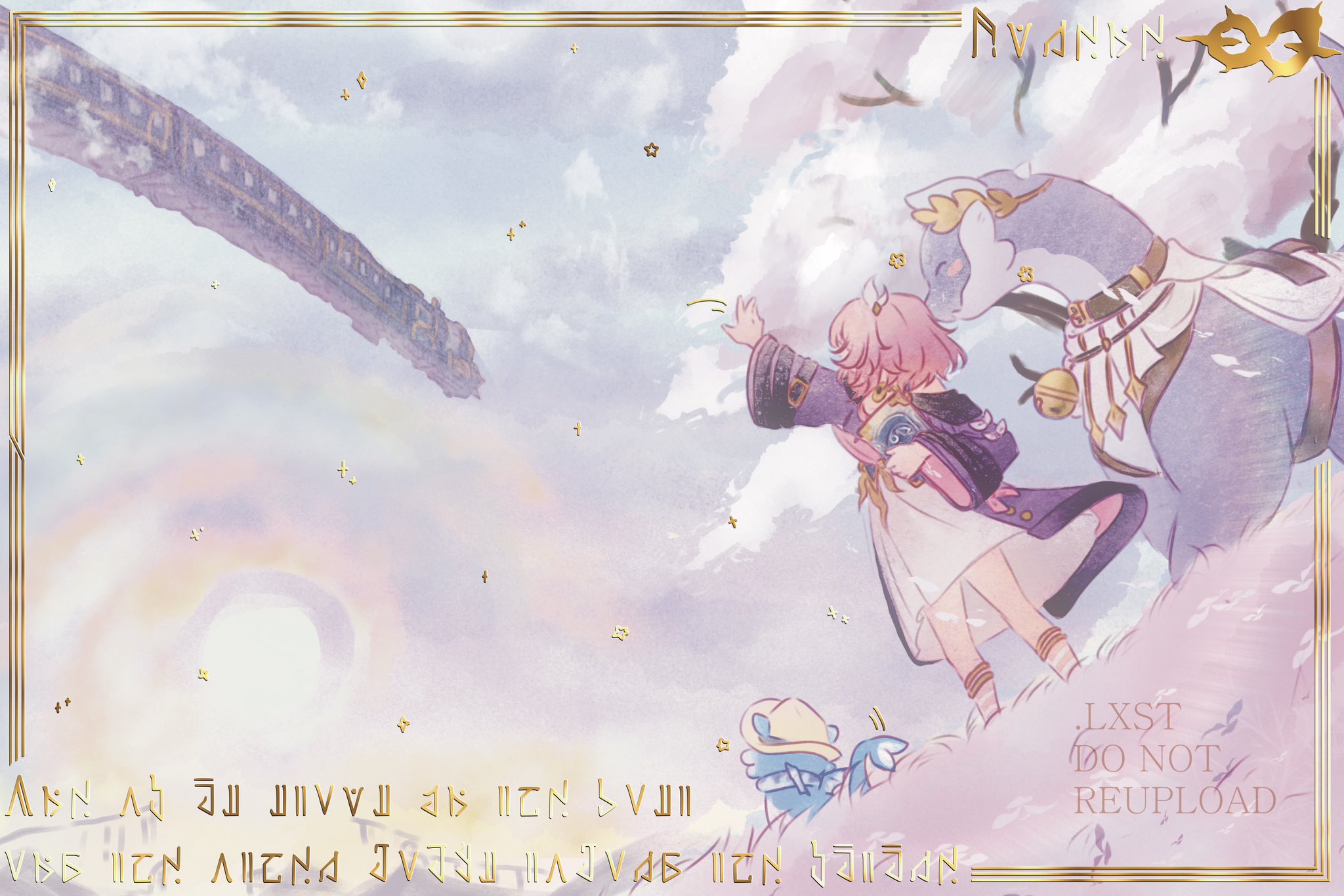 lx starthief, cyrene (honkai: star rail), cyrene (philia093) (honkai: star rail), honkai: star rail, honkai (series), commentary, english commentary, highres, 1girl, animal, bare legs, bare shoulders, book, colorful background, cyrene (demiurge) (honkai: star rail), cyrene (philia093) (keeping promise) (honkai: star rail), dress, holding, holding book, looking at another, pink hair, short hair, train, watermark, waving, white dress