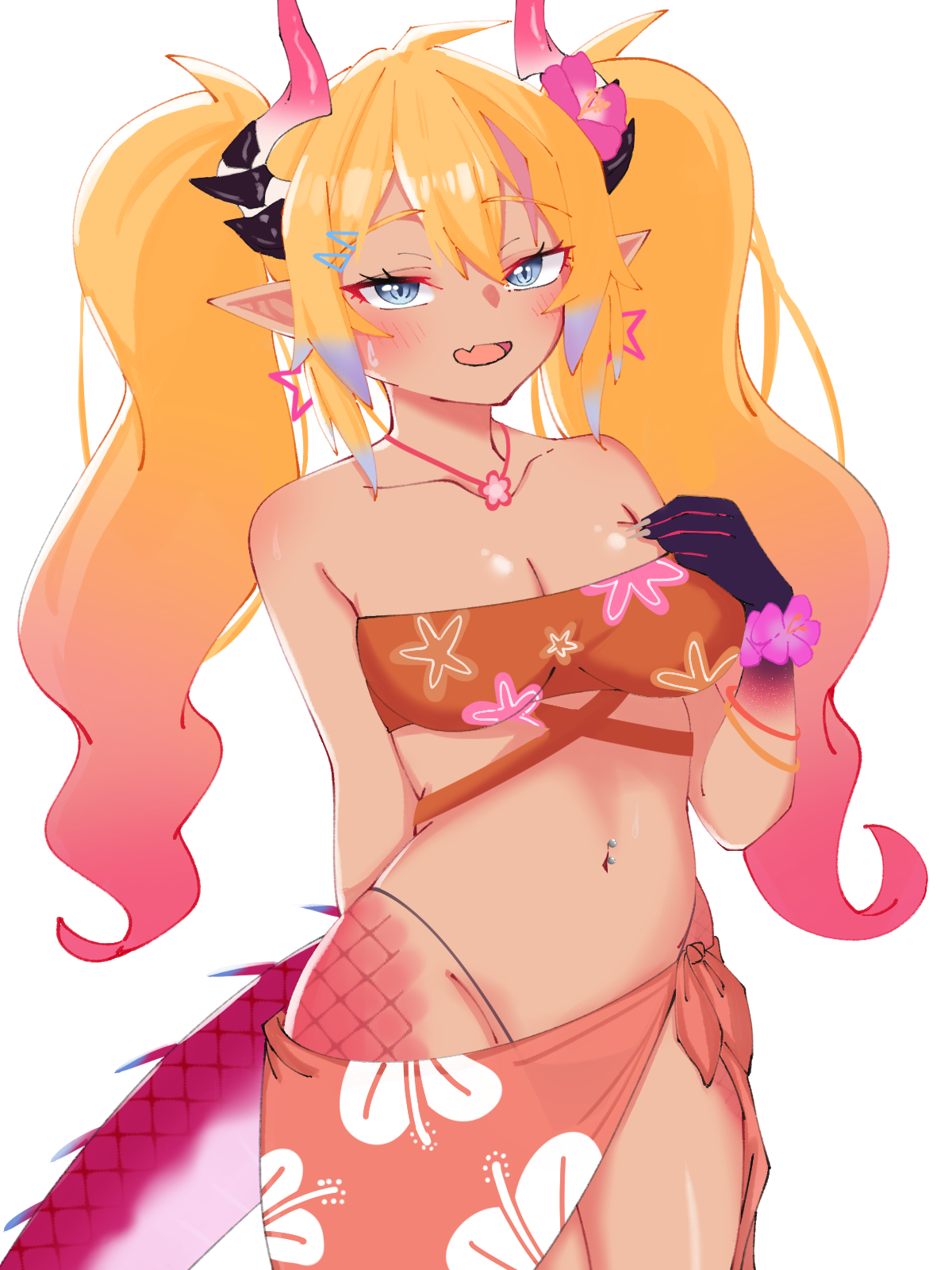 ks (o6k6s), kai saikota, chromashift, commentary, english commentary, highres, 1girl, bikini, black hair, blue eyes, breasts, claws, cleavage, collarbone, colored tips, cowboy shot, dark-skinned female, dark skin, dragon girl, dragon horns, dragon tail, earrings, eyelashes, fang, floral print, hair ornament, hairclip, hand on own chest, horns, jewelry, long hair, multicolored hair, navel, navel piercing, necklace, official alternate hair color, official alternate skin color, open mouth, orange bikini, orange sarong, piercing, pink hair, pointy ears, sarong, simple background, skin fang, slit pupils, smile, solo, star (symbol), star earrings, stomach, streaked hair, swimsuit, tail, tan, twintails, virtual youtuber, white background