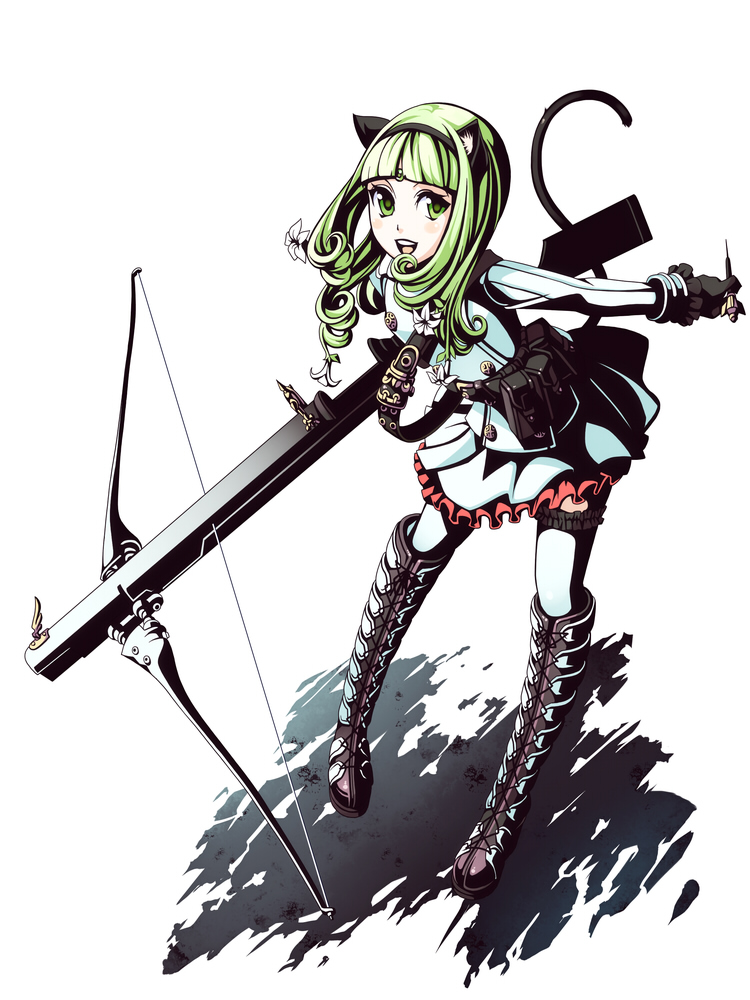 torigoe takumi, mugen no fantasia, 1girl, animal ears, bow (weapon), cat ears, cat tail, crossbow, female focus, flower, gloves, green eyes, green hair, hairband, looking up, matching hair/eyes, solo, tail, thighhighs, weapon