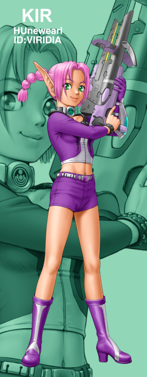 teiku (take), character request, commentary request, copyright request, 1990s (style), 1girl, boots, bracelet, braid, braided ponytail, breasts, closed mouth, collar, crop top, cropped jacket, full body, gauntlets, gem, gloves, green eyes, green gemstone, gun, hands up, high heel boots, high heels, holding, holding weapon, invisible floor, jacket, jewelry, legs apart, long pointy ears, long sleeves, looking at viewer, medium breasts, metal belt, metal collar, midriff, monochrome background, navel, parted bangs, pink hair, pointy ears, purple boots, purple gloves, purple jacket, purple shorts, retro artstyle, rifle, science fiction, shirt, short shorts, shorts, single gauntlet, single glove, smile, standing, studded bracelet, title, weapon, white shirt, zoom layer