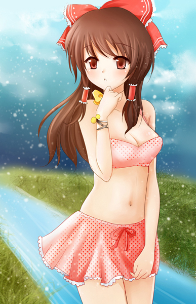 nikoo, hakurei reimu, touhou, 1girl, bra, breasts, brown hair, bustier, cleavage, female focus, hair ribbon, lingerie, nature, navel, outdoors, plant, red eyes, ribbon, skirt, sky, solo, underwear