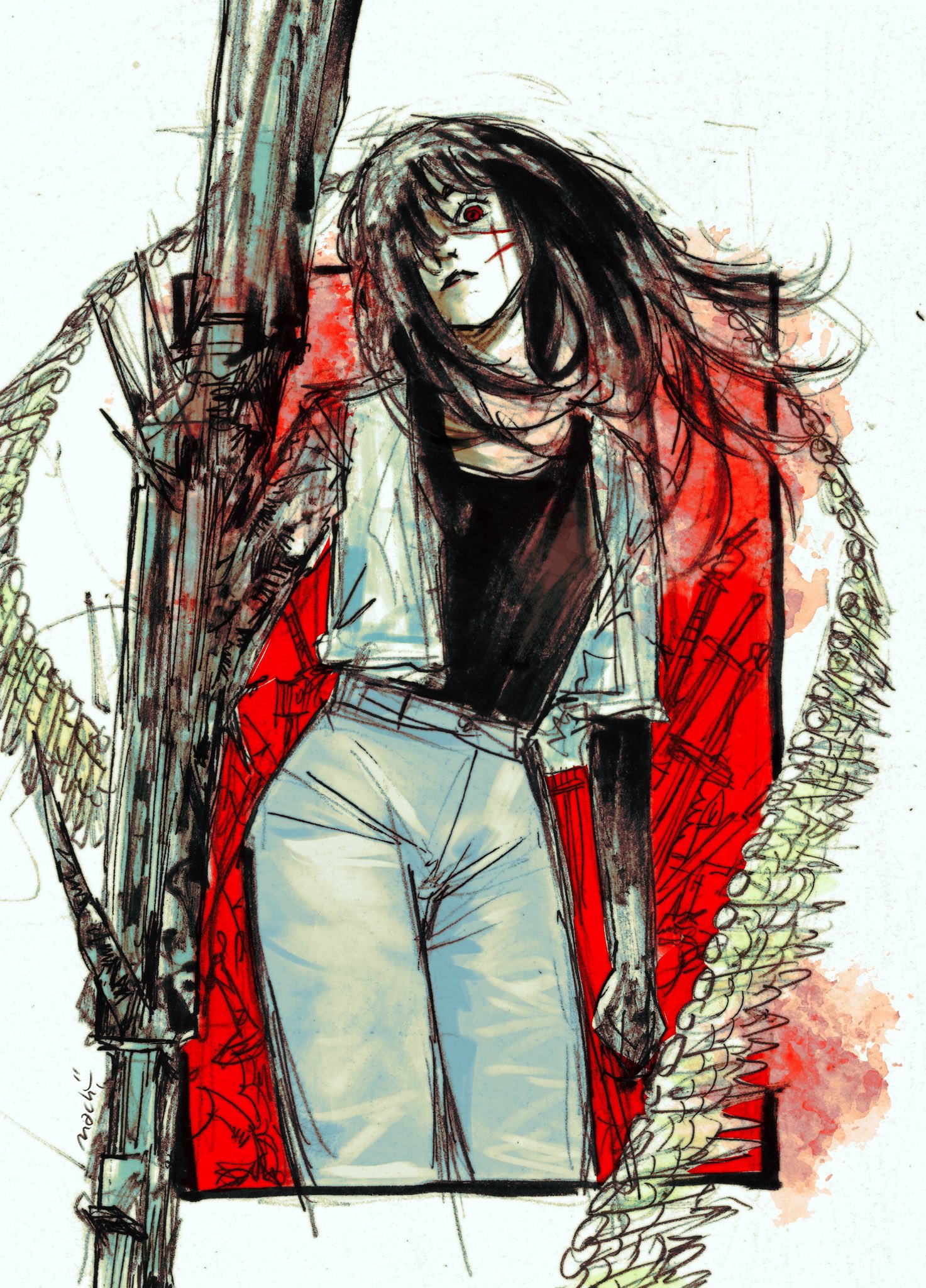 machipachi1901, mitaka asa, yoru (chainsaw man), chainsaw man, highres, 1girl, ammunition belt, arm mounted weapon, black hair, black tank top, cross scar, facial scar, jacket, long hair, one eye covered, pants, red eyes, ringed eyes, scar, scar on cheek, scar on face, solo, tank top, white jacket, white pants