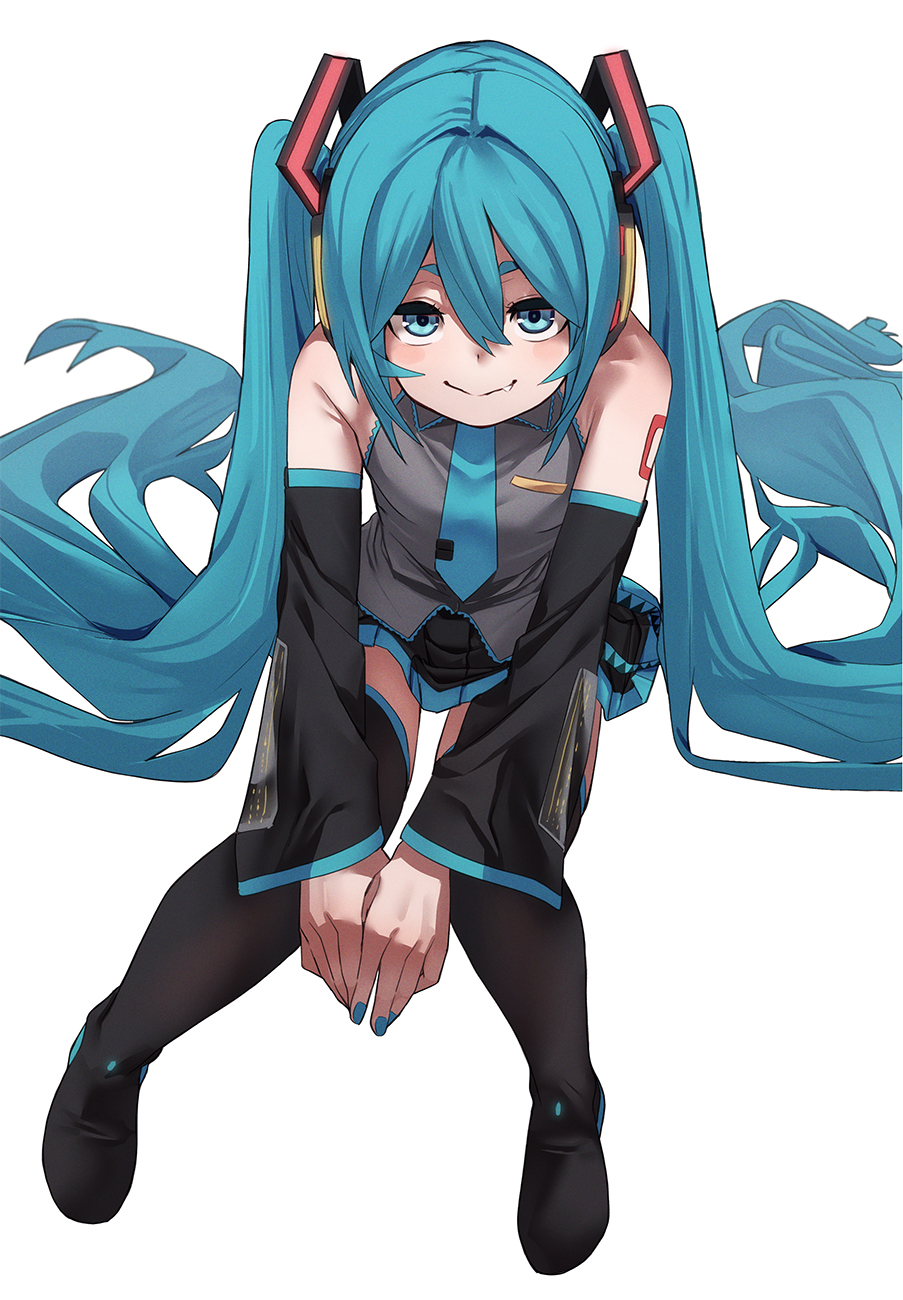fu-ta, hatsune miku, vocaloid, commentary request, highres, 1girl, black boots, black skirt, black sleeves, black thighhighs, blue eyes, blue hair, blue necktie, boots, closed mouth, detached sleeves, fang, grey shirt, hair between eyes, long hair, looking at viewer, necktie, pleated skirt, shirt, simple background, sitting, skirt, smile, solo, thigh boots, thighhighs, twintails, white background, zettai ryouiki