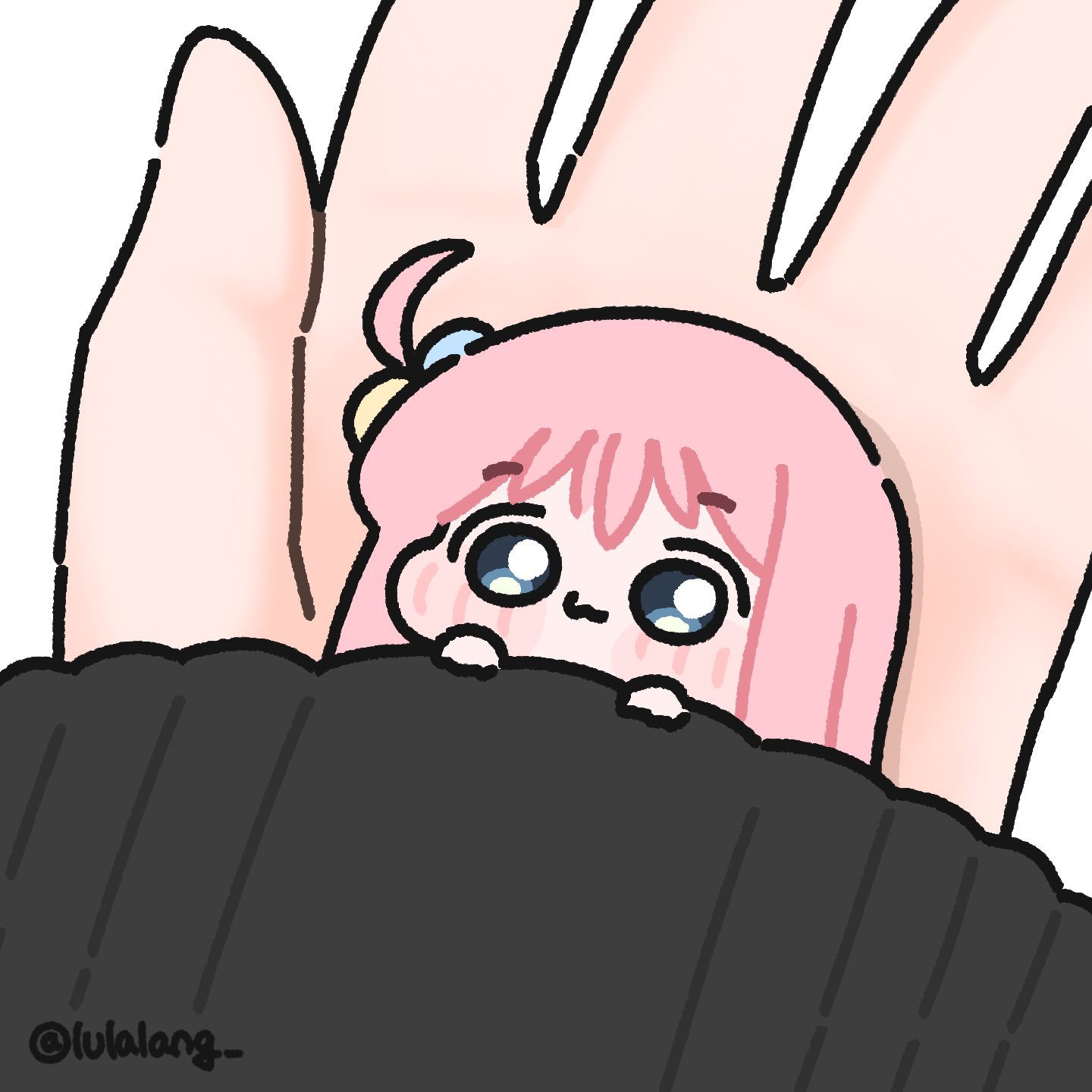 lulalang, gotoh hitori, bocchi the rock!, commentary, english commentary, highres, 1girl, 1other, blue eyes, blush, chibi, closed mouth, holding, holding mini person, long hair, looking at viewer, mini person, minigirl, one side up, pink hair, smile, solo focus, white background