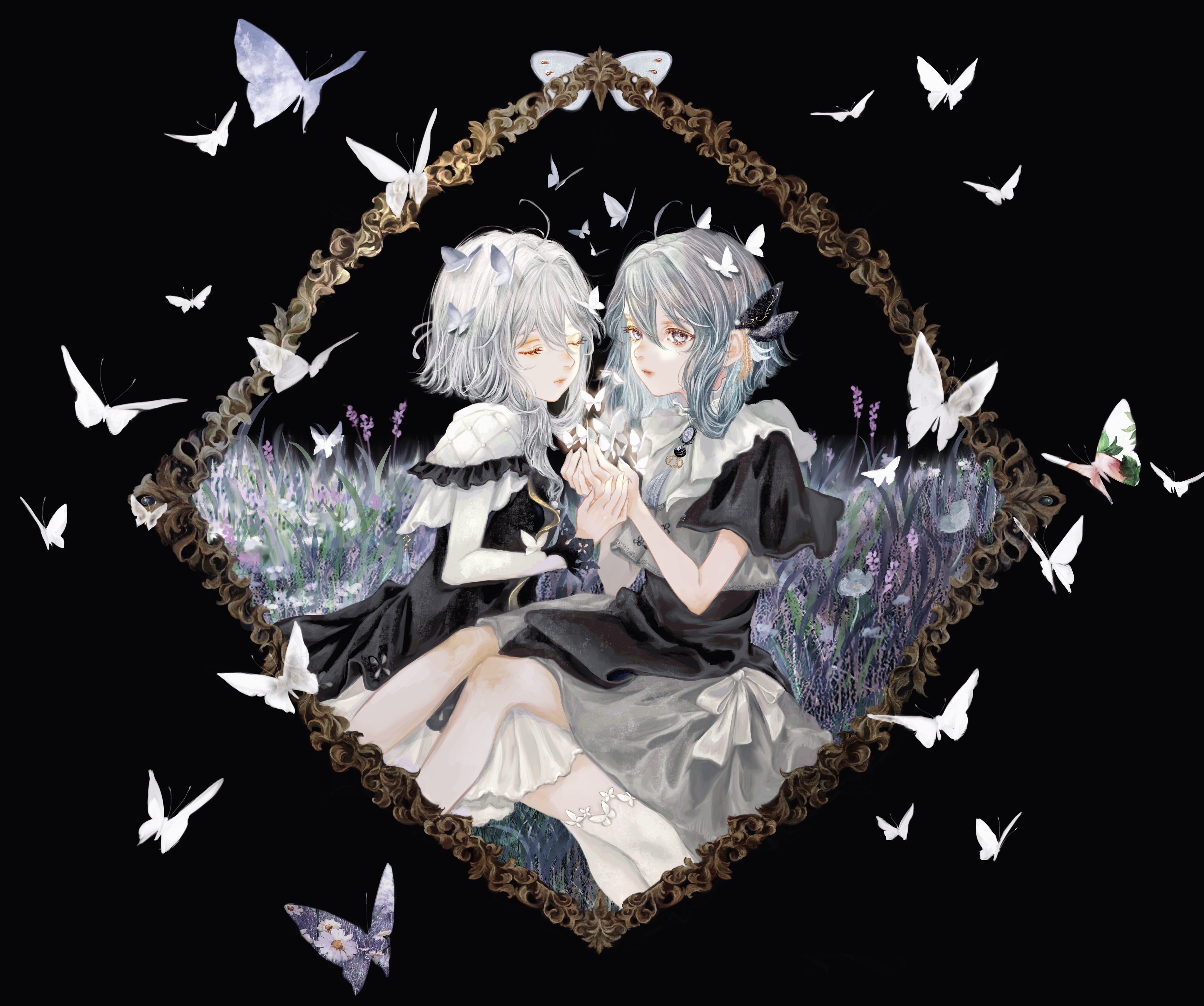shirone (coxo ii), ciel (kamitsubaki studio), kamitsubaki studio, absurdres, highres, 2girls, black background, blue hair, bug, butterfly, butterfly hair ornament, closed eyes, dress, dual persona, expressionless, field, flower, flower field, hair ornament, holding hands, insect, looking at another, multiple girls, sitting, white hair