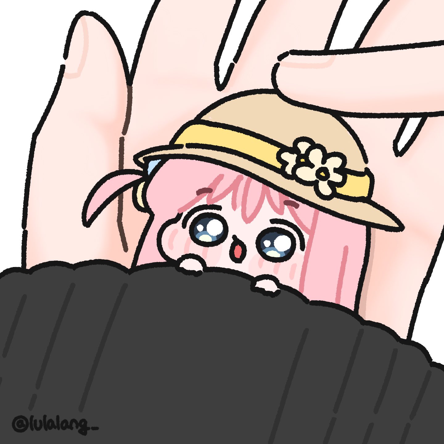 lulalang, gotoh hitori, bocchi the rock!, highres, 1girl, 1other, blue eyes, blush, chibi, hat, holding, holding mini person, long hair, looking at viewer, mini person, minigirl, one side up, open mouth, pink hair, smile, solo focus, white background, yellow hat