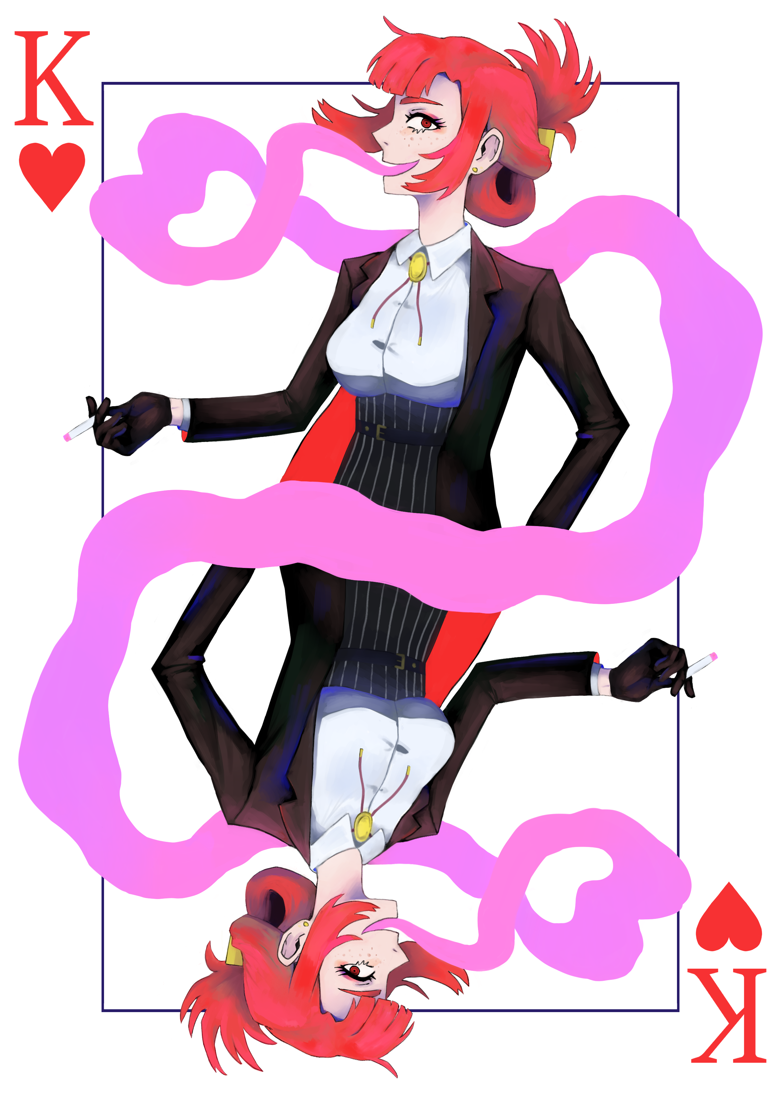 absurdres, highres, 1girl, :d, belt, black gloves, black jacket, bolo tie, breasts, card, cigarette, colored smoke, earrings, evangeline morgan, folded ponytail, freckles, gloves, jacket, jewelry, king (playing card), king of hearts (playing card), long sleeves, medium breasts, morgan-fan1, of the devil, open mouth, playing card, playing card theme, red eyes, red hair, shirt, smile, smoke, smoking, stud earrings, upside-down, white shirt