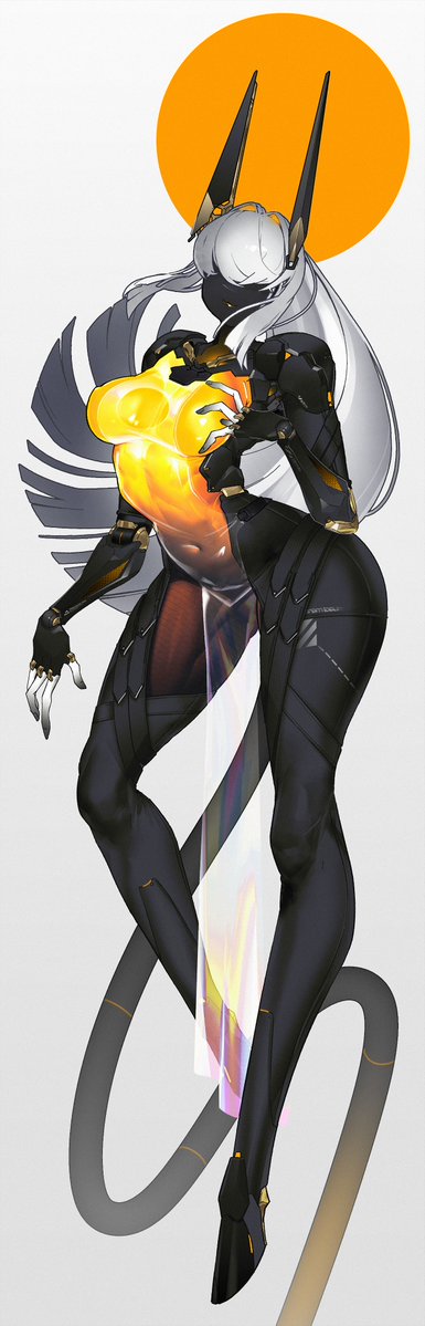 echanis enicha, original, commentary, symbol-only commentary, 1girl, android, black bodysuit, black horns, black skin, body markings, bodysuit, breasts, chromatic aberration, colored skin, covered erect nipples, covered navel, full body, groin, hair over eyes, horns, large breasts, leather, long bangs, long hair, long horns, lowleg, mechanical tail, navel, pelvic curtain, sidelocks, solo, tail, underboob, white hair