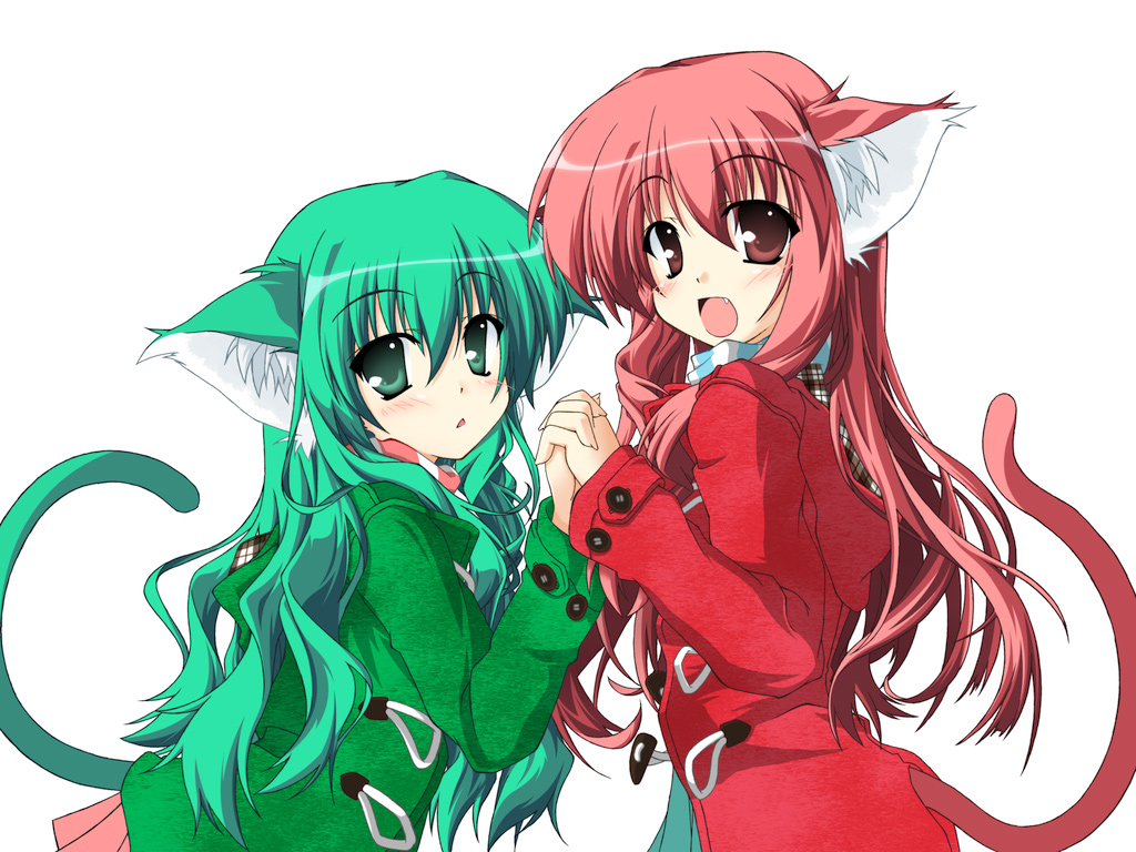 otamon, moe (moeren), ren (moeren), moeren, 2girls, animal ear fluff, animal ears, cat ears, cat girl, cat tail, coat, duffel coat, fang, from side, green eyes, green hair, holding hands, hood, hooded coat, interlocked fingers, multiple girls, pink eyes, pink hair, standing, tail