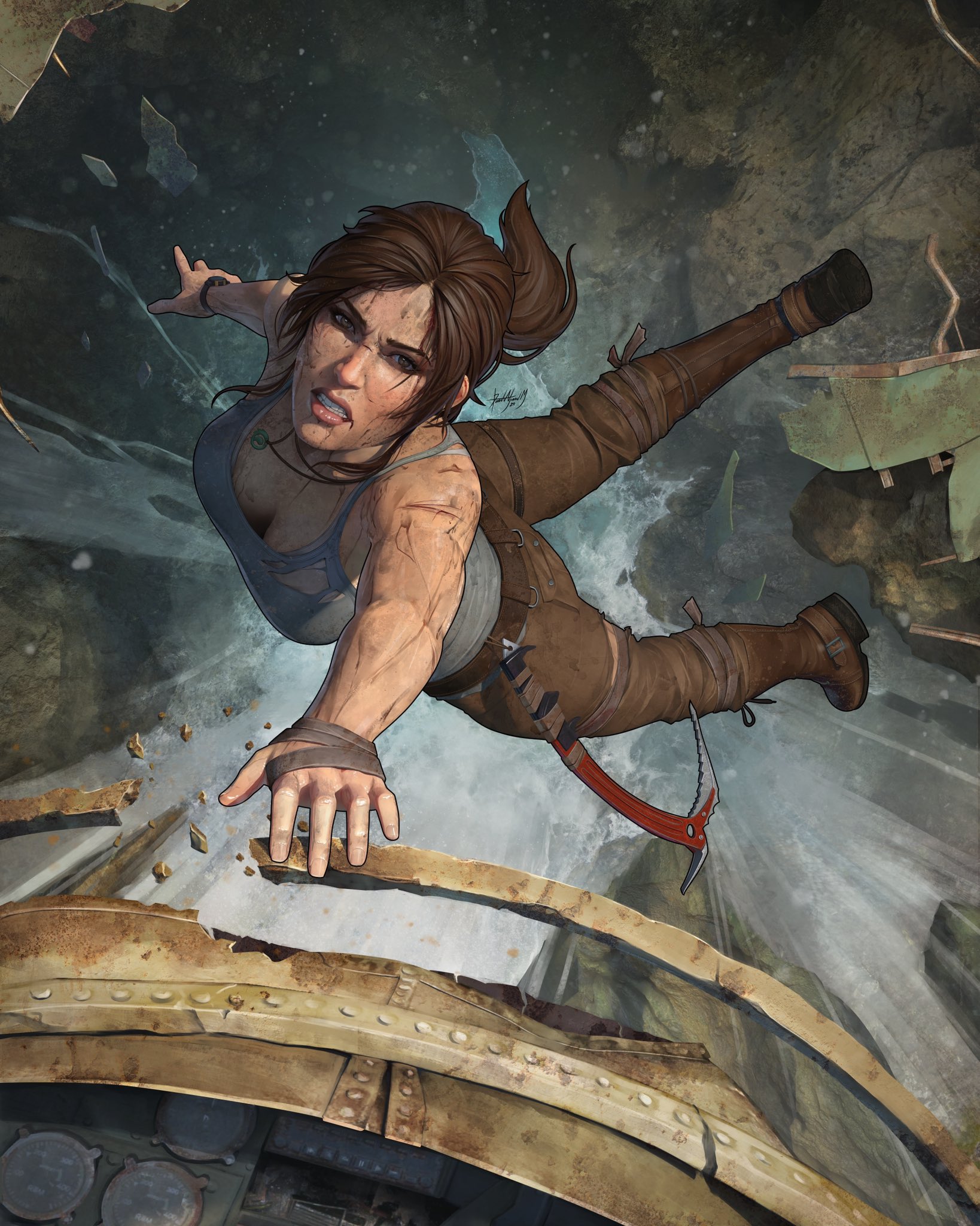 dalejomej, lara croft, tomb raider, commentary, english commentary, highres, 1girl, aqua tank top, bandages, blood, blood from forehead, blood on face, blue tank top, boots, brown boots, brown eyes, brown hair, brown pants, brown shorts, bruise, dirty, dirty clothes, dirty face, dirty hands, from above, full body, head back, ice axe, injury, looking at viewer, pants, pink lips, ponytail, scratches, shorts, tank top, torn, torn clothes