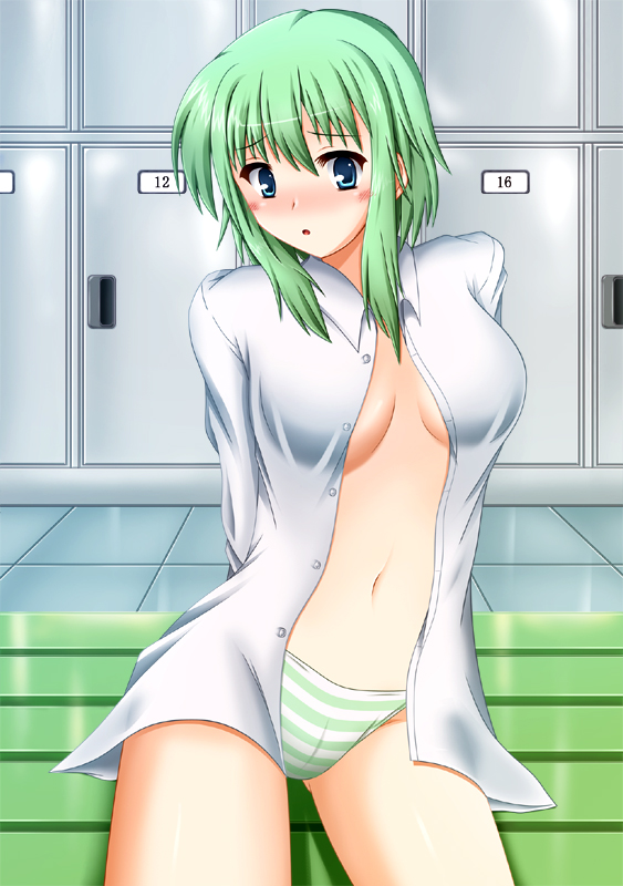 manbo (eternal leaf), original, 1girl, blue eyes, blush, breasts, cleavage, female focus, green hair, large breasts, locker, locker room, navel, no bra, no pants, open clothes, open shirt, panties, shirt, short hair, sitting, solo, striped clothes, striped panties, underwear