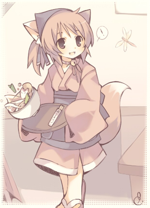 piibokoto, shirohebidou, original, bad id, bad pixiv id, lowres, !, 1girl, accident, animal ears, bandana, bell, bug, collar, female focus, fox ears, japanese clothes, long sleeves, neck bell, smile, solo, spill, tray