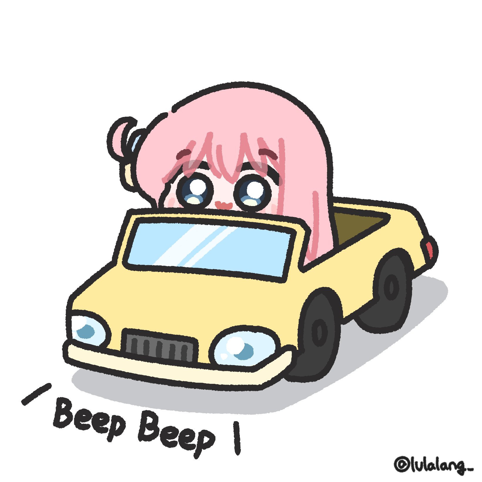 lulalang, gotoh hitori, bocchi the rock!, commentary, highres, 1girl, :3, blue eyes, chibi, chibi only, closed mouth, long hair, looking at viewer, mini person, minigirl, one side up, pink hair, simple background, smile, solo, sound effects, toy car, white background