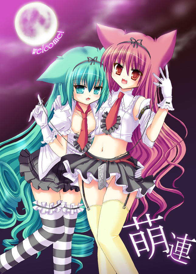 moe (moeren), ren (moeren), moeren, striped legwear, 2girls, animal ears, cat ears, fang, gloves, green eyes, green hair, hairband, multiple girls, necktie, pink eyes, pink hair, skirt, striped clothes, striped thighhighs, thighhighs
