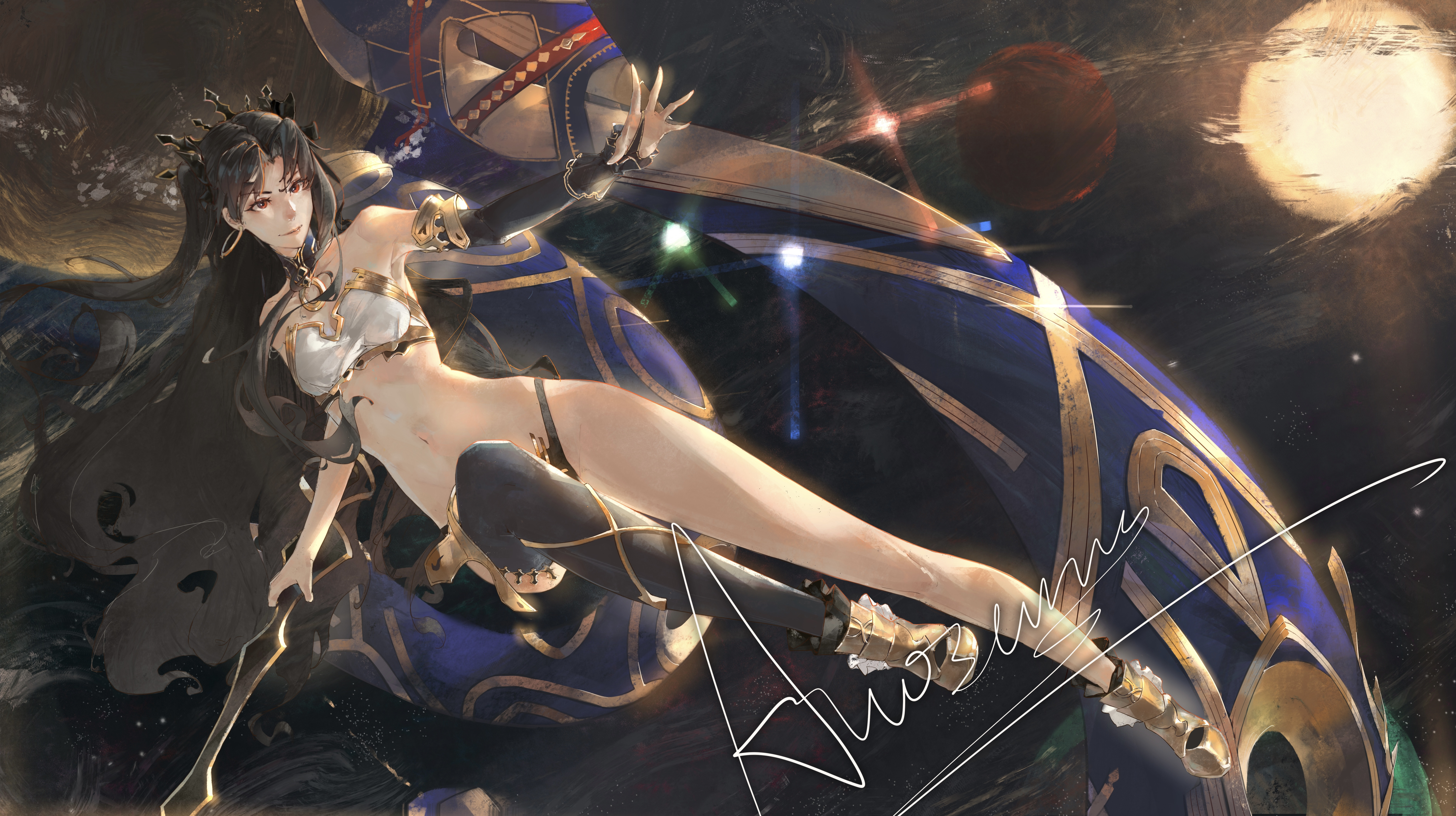 accelerator1111, ishtar (fate), fate/grand order, fate (series), absurdres, chinese commentary, commentary request, highres, translation request, 1girl, arm warmers, armlet, armored boots, asymmetrical legwear, asymmetrical sleeves, bare shoulders, bikini, black bow, black bridal gauntlets, black hair, black thighhighs, boots, bow, breasts, bridal gauntlets, closed mouth, detached sleeves, earrings, english text, full moon, hair bow, heavenly boat maanna, holding, hoop earrings, jewelry, long hair, long legs, looking to the side, medium breasts, mismatched bikini, moon, navel, neck ring, red eyes, single arm warmer, single bridal gauntlet, single detached sleeve, single thighhigh, solo, strapless, swimsuit, thighhighs, tiara, two side up, uneven legwear, uneven sleeves, very long hair