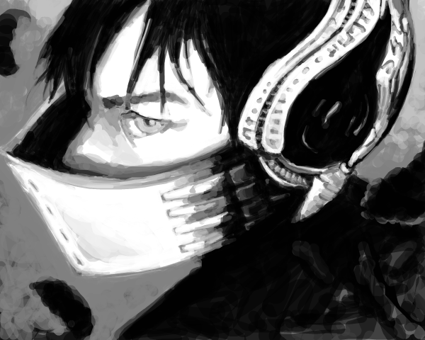 iseki (kuroshura no tabiji), iseki (otameshi), casshern, casshern (series), casshern sins, 00s, 1boy, from behind, greyscale, helmet, looking at viewer, male focus, monochrome, solo, upper body