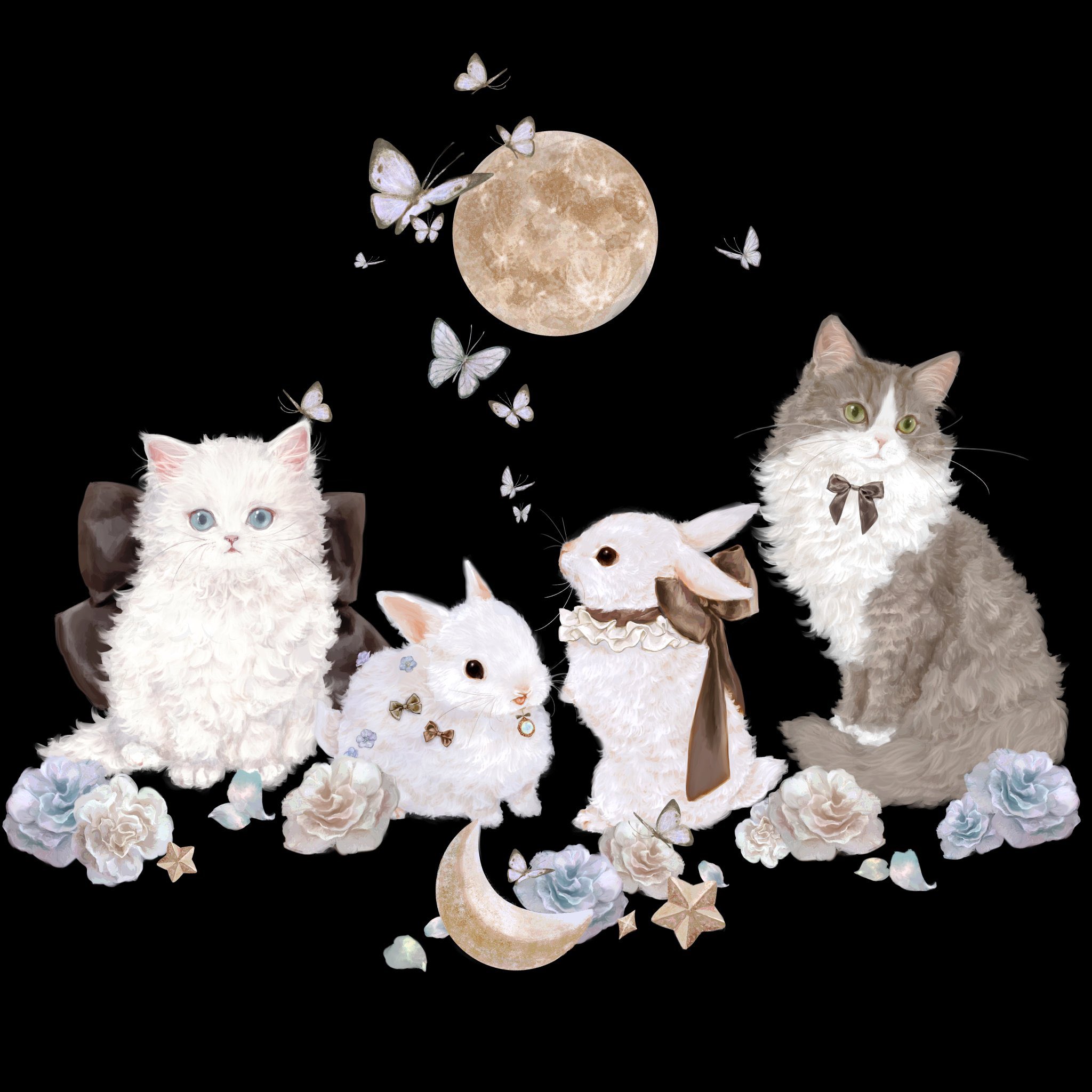 shirone (coxo ii), original, highres, animal focus, black background, bug, butterfly, cat, flower, full body, full moon, insect, looking at viewer, moon, no humans, petals, rabbit, rose, white cat, white rabbit (animal)