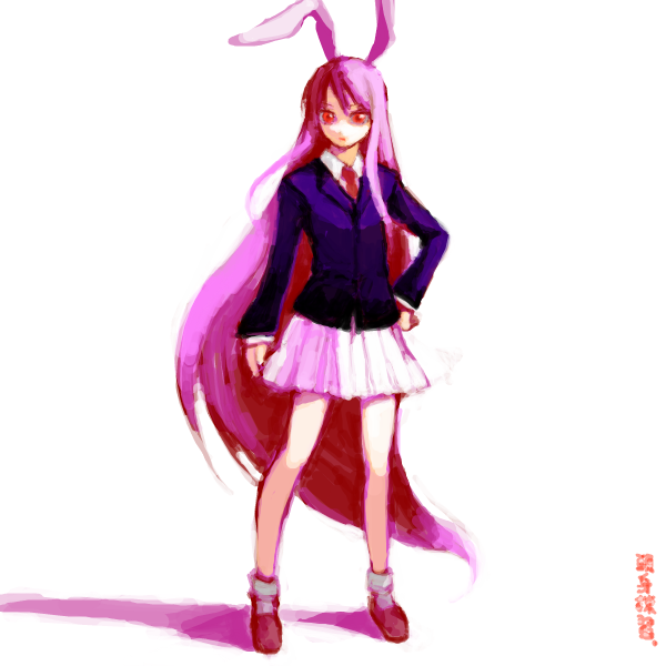iseki (kuroshura no tabiji), iseki (otameshi), reisen udongein inaba, touhou, bad id, bad pixiv id, 1girl, animal ears, blazer, female focus, jacket, long hair, purple hair, rabbit ears, red eyes, skirt, solo, very long hair