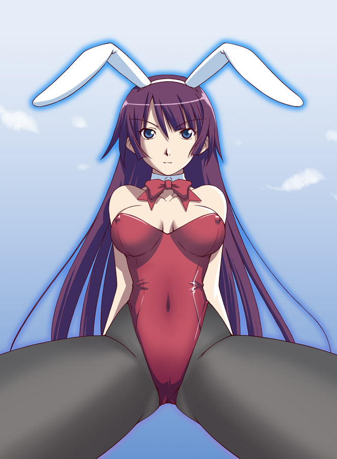 kazemal, senjougahara hitagi, bakemonogatari, monogatari (series), 00s, 1girl, animal ears, bare shoulders, between legs, blue eyes, bow, bowtie, breasts, cleavage, covered erect nipples, fake animal ears, female focus, long hair, medium breasts, pantyhose, playboy bunny, pov, purple hair, rabbit ears, smile, solo, spread legs