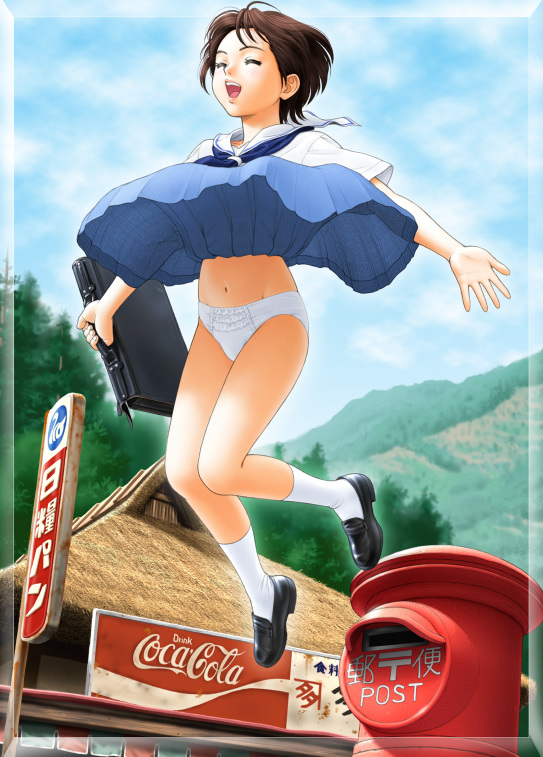 teiku (take), coca-cola, character request, commentary request, copyright request, 1990s (style), 1girl, :d, black shoes, blue neckerchief, blue skirt, blue sky, blue trim, brown hair, ceiling, closed eyes, clothes lift, floating clothes, floating hair, frilled panties, frills, frosted border, happy, holding, holding suitcase, jumping, kneehighs, knees together feet apart, loafers, midair, mountain, navel, neckerchief, open mouth, outdoors, outer glow, outstretched arms, panties, pantyshot, postbox (outgoing mail), retro artstyle, sailor collar, school uniform, serafuku, shirt, shoes, short hair, short sleeves, sign, skirt, skirt lift, sky, smile, socks, solo, storefront, suitcase, tree, underwear, white panties, white sailor collar, white shirt, white socks, wind, wind lift