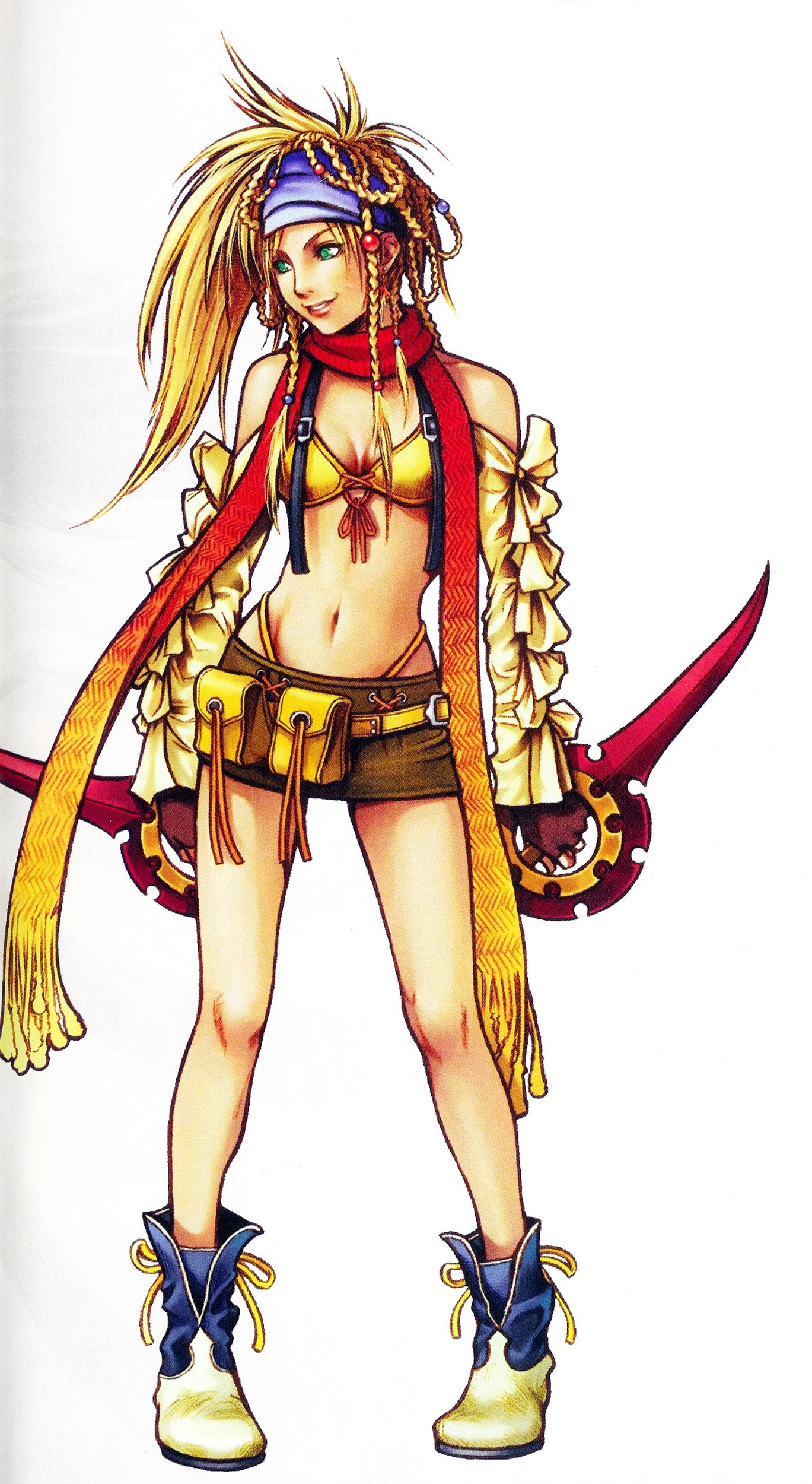 rikku (ff10), final fantasy, final fantasy x, final fantasy x-2, absurdres, highres, official art, scan, 00s, 1girl, @ @, bikini, bikini top only, blonde hair, braid, dagger, dual wielding, female focus, fingerless gloves, frills, gloves, green eyes, hair ornament, headband, holding, knife, miniskirt, panties, revealing clothes, skirt, solo, sphere hair ornament, swimsuit, thong, underwear, weapon
