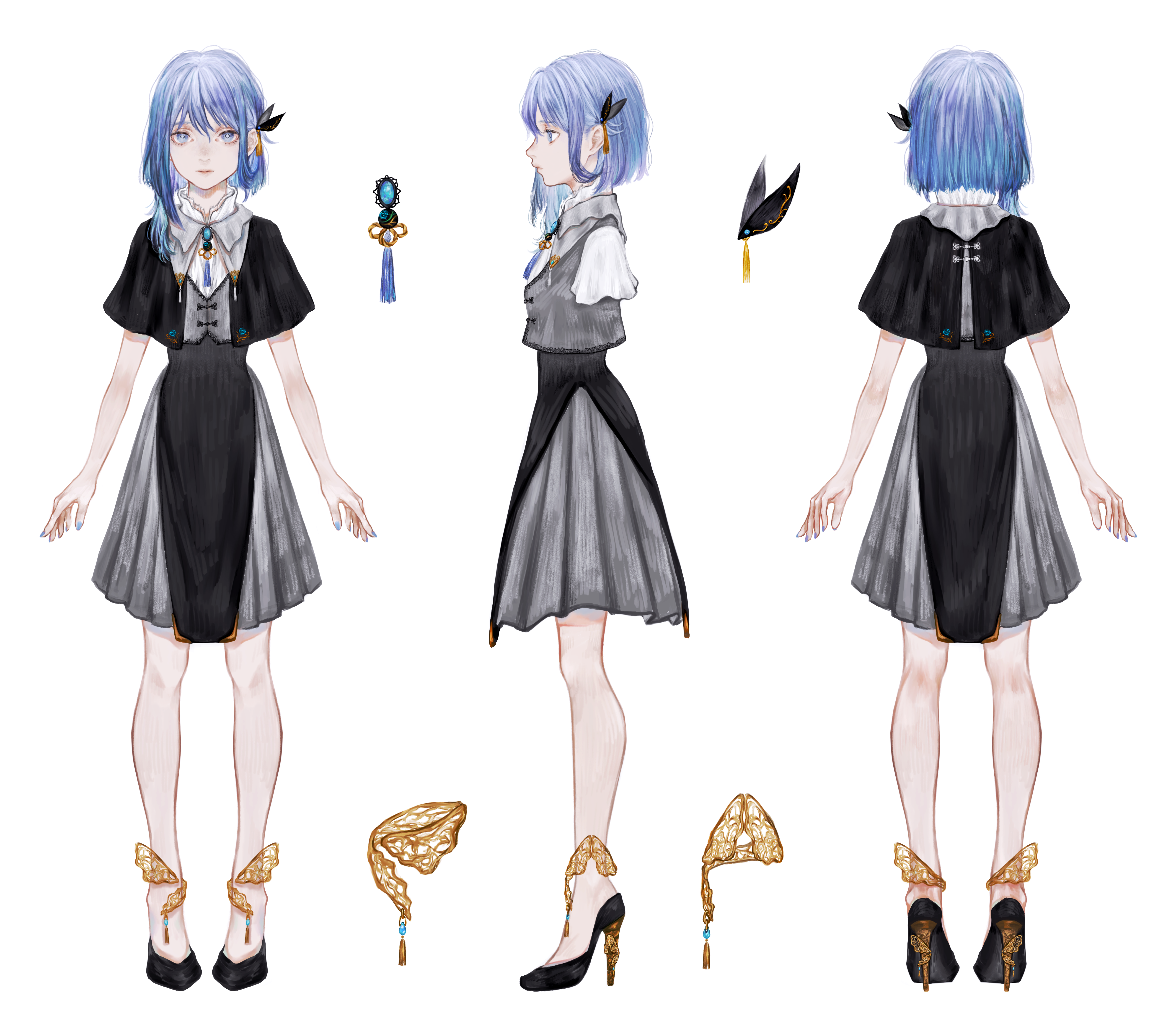 shirone (coxo ii), ciel (kamitsubaki studio), kamitsubaki studio, absurdres, commentary request, highres, official art, 1girl, arms at sides, black dress, black shoes, blue eyes, blue hair, blue nails, brooch, dress, full body, grey dress, hair ornament, high heels, jewelry, medium hair, multiple views, profile, reference sheet, shoes, simple background, standing, turnaround, two-tone dress, virtual youtuber, white background