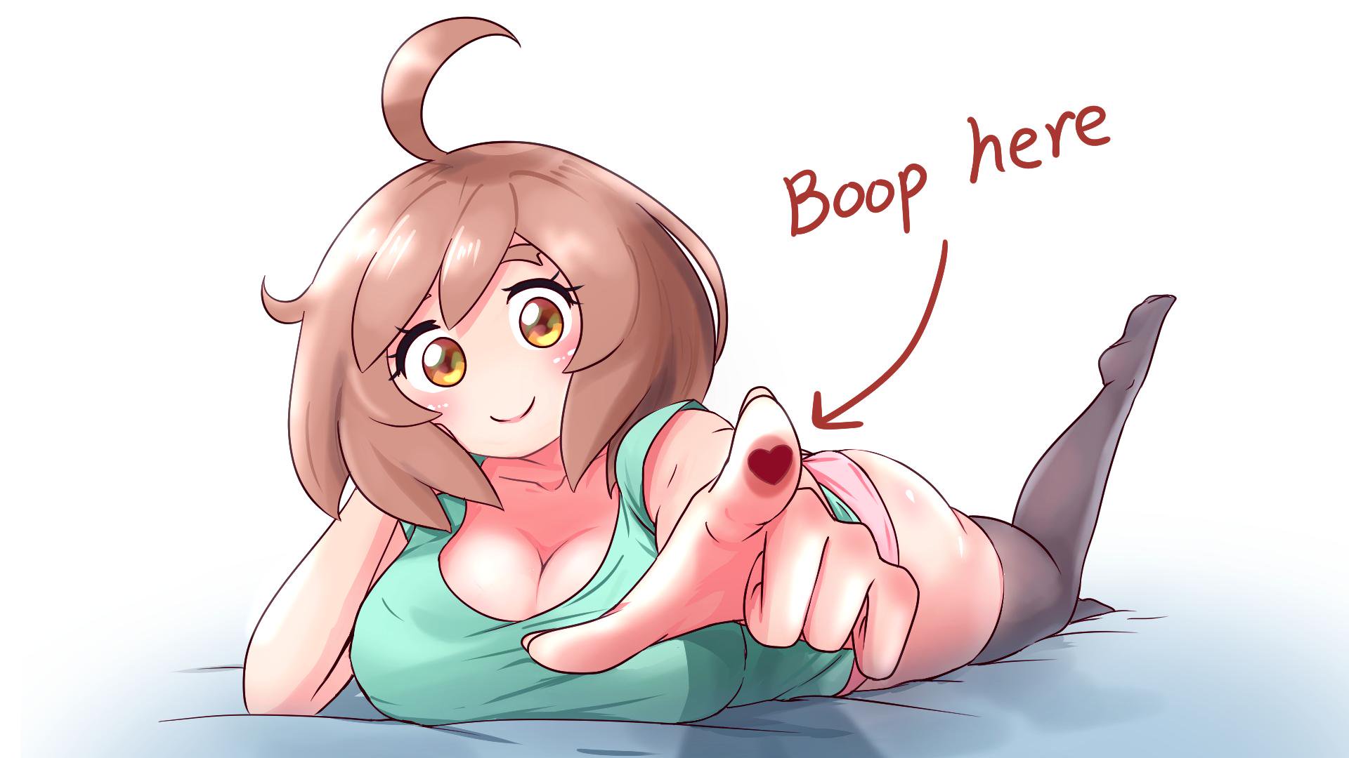 kay yu, insomnia-chan, original, highres, non-web source, 1girl, ahoge, aqua shirt, black thighhighs, breasts, brown hair, closed mouth, english text, fourth wall, large breasts, lying, medium hair, on stomach, panties, pink panties, poking, shirt, simple background, smile, solo, thighhighs, underwear, white background, yellow eyes