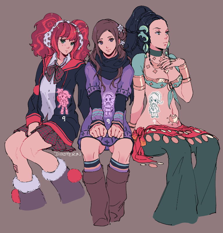 dixoterin, kurashiki akane, yashiro (kyokugen dasshutsu), yotsuba (kyokugen dasshutsu), kyokugen dasshutsu, kyokugen dasshutsu: 9 jikan 9 nin 9 no tobira, clip studio paint (medium), commentary, english commentary, artist name, black hair, black jacket, black scarf, boots, braid, breasts, brown background, brown boots, brown hair, chibi, chibi inset, choker, cleavage, closed mouth, clothes around waist, collared shirt, cropped legs, drawstring, dress, earmuffs, earrings, eyelashes, facial mark, flower, front-tie top, fur-trimmed boots, fur trim, green choker, green eyes, green pants, hair bun, hair flower, hair ornament, hand on own chest, jacket, jewelry, kashiwabara nona, long hair, long sleeves, midriff, multicolored hair, multicolored socks, multiple girls, navel, neck ribbon, open clothes, open jacket, pants, pink hair, plaid clothes, plaid ribbon, plaid skirt, pom pom (clothes), pom pom drawstring, ponytail, purple boots, purple dress, purple eyes, red hair, red skirt, ribbon, scarf, shirt, short sleeves, simple background, single side bun, sitting, skirt, socks, twin braids, twintails, two-tone hair, white shirt