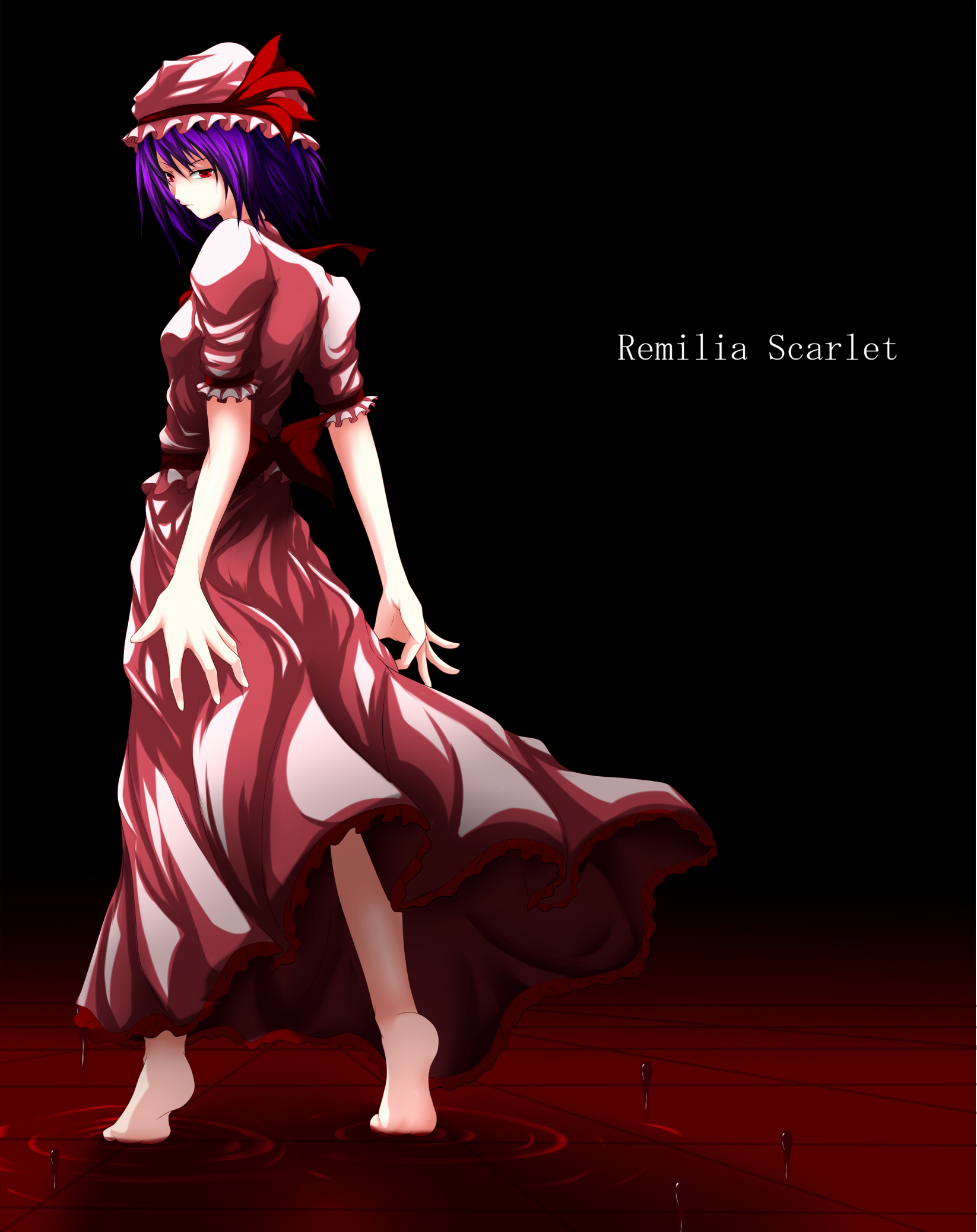 maeda kousuke, remilia scarlet, touhou, highres, 1girl, barefoot, black background, character name, female focus, full body, hat, purple hair, red eyes, short hair, solo, standing
