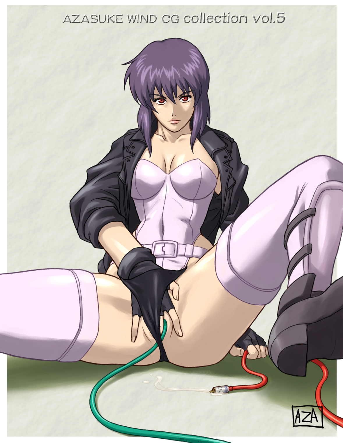 azasuke, kusanagi motoko, ghost in the shell, highres, 1girl, female focus, female masturbation, fingering, masturbation, solo, spread legs, thighhighs, uncensored