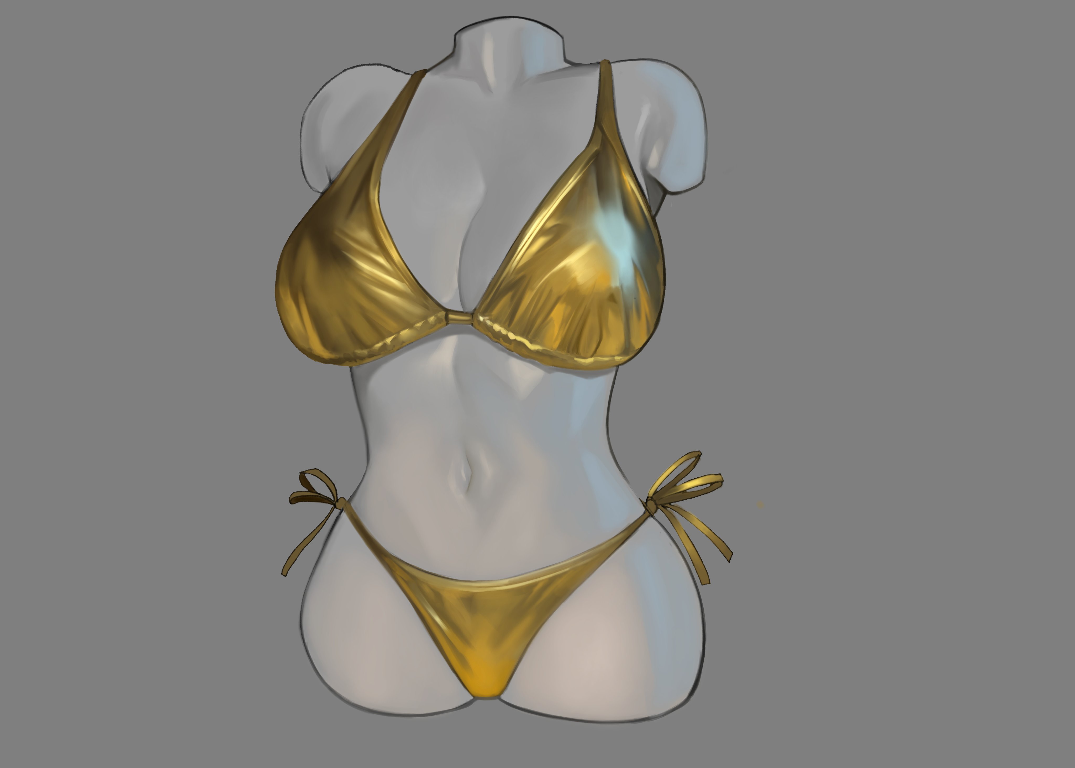 original, absurdres, commentary, english commentary, highres, bikini, breasts, cleavage, gold bikini, grey background, large breasts, mannequin, midnight corvo, navel, no humans, side-tie bikini bottom, simple background, stomach, swimsuit